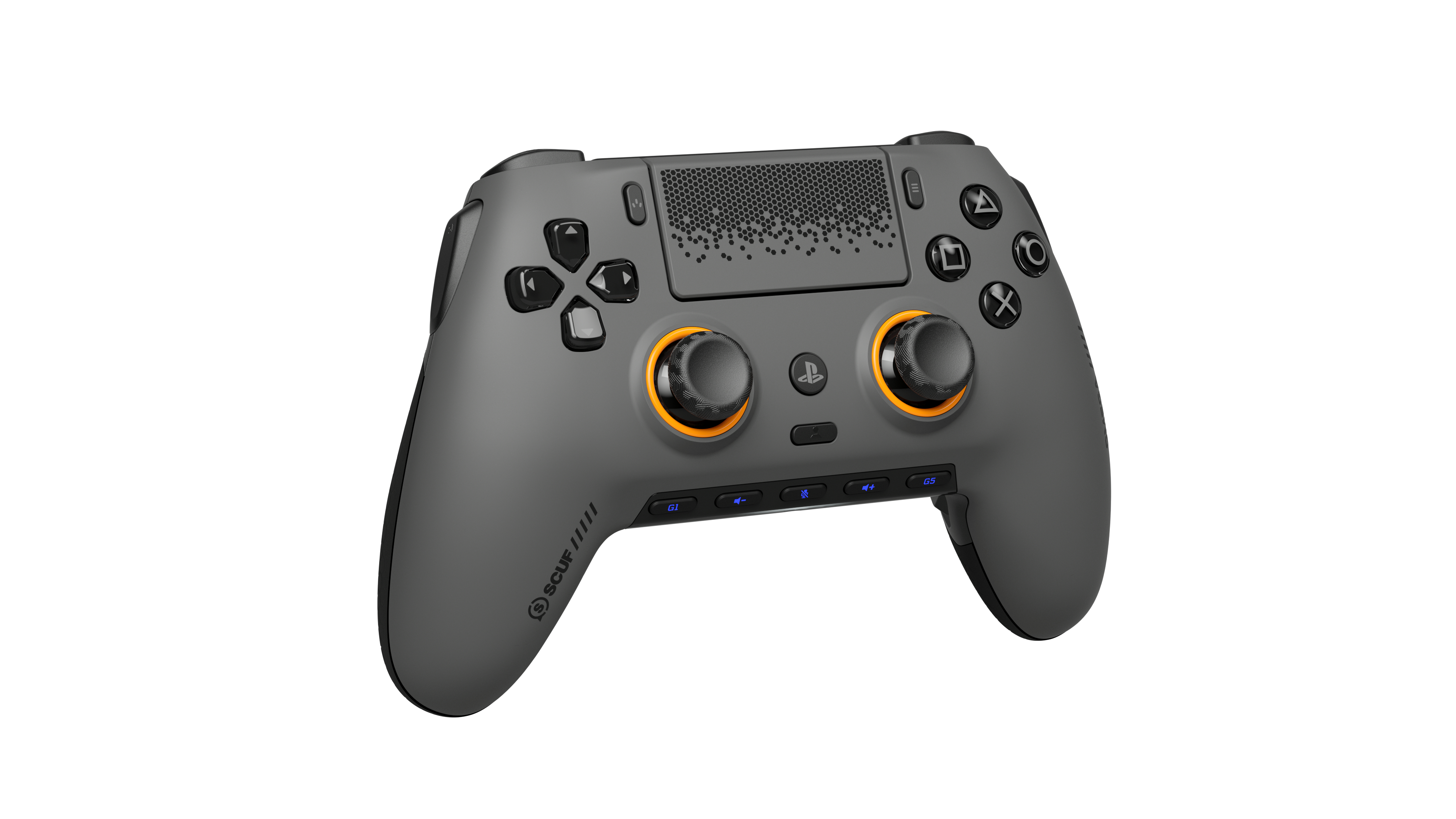 Ein grauer Gaming-Controller mit orangefarbenen Akzenten und schwarzen Knöpfen auf weißem Hintergrund.
