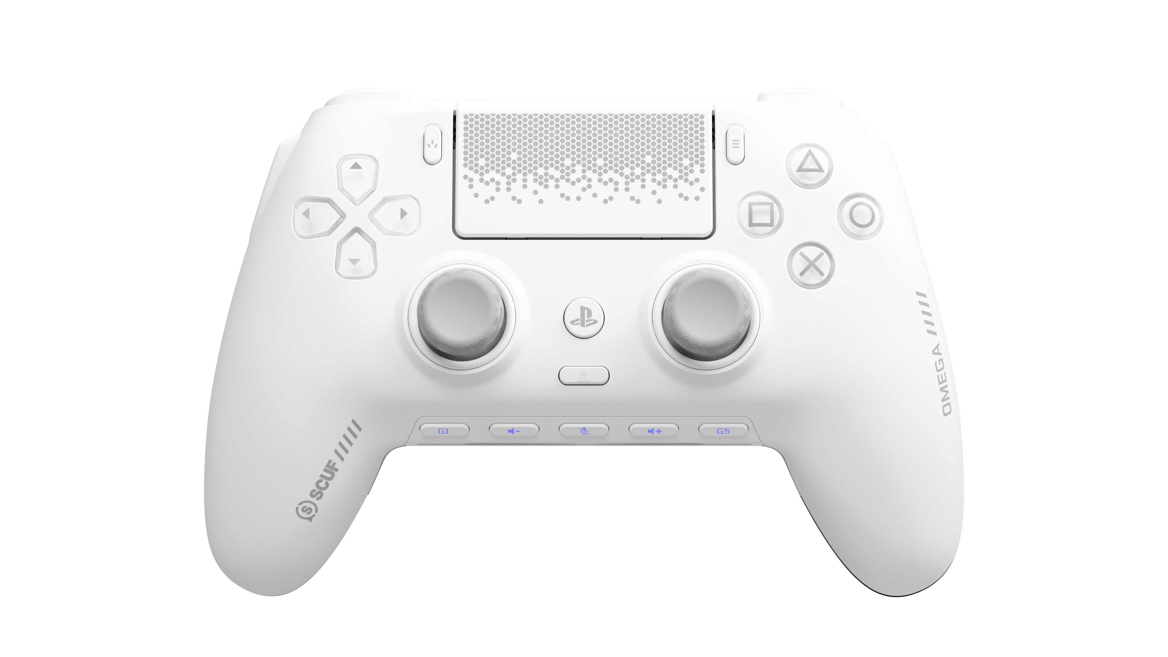 Ein weißer Controller mit silbernen Knöpfen, Joysticks und einem Muster.