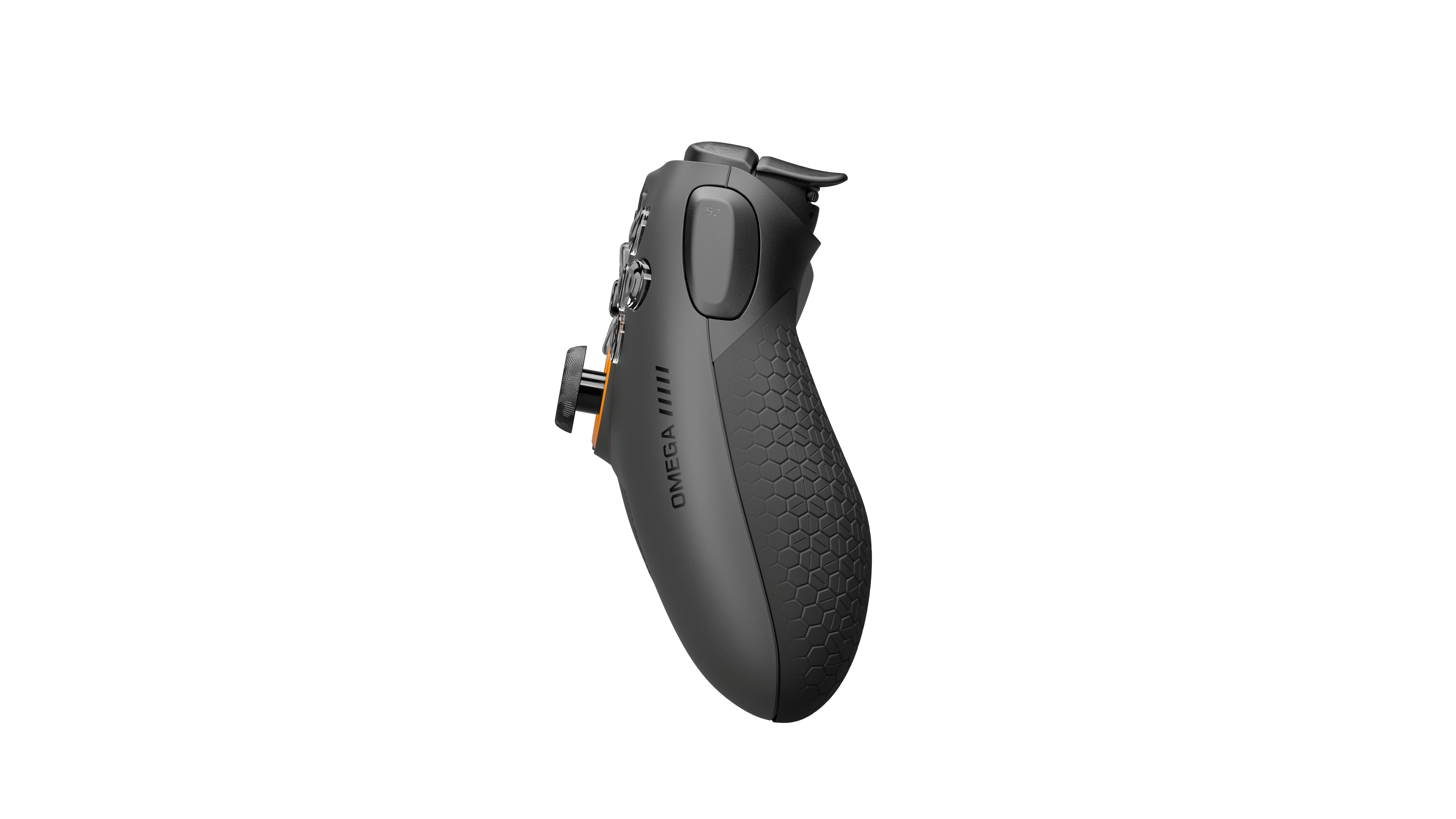 Grauer Gaming-Controller mit Wabenmuster-Griff und silbernen Tasten.