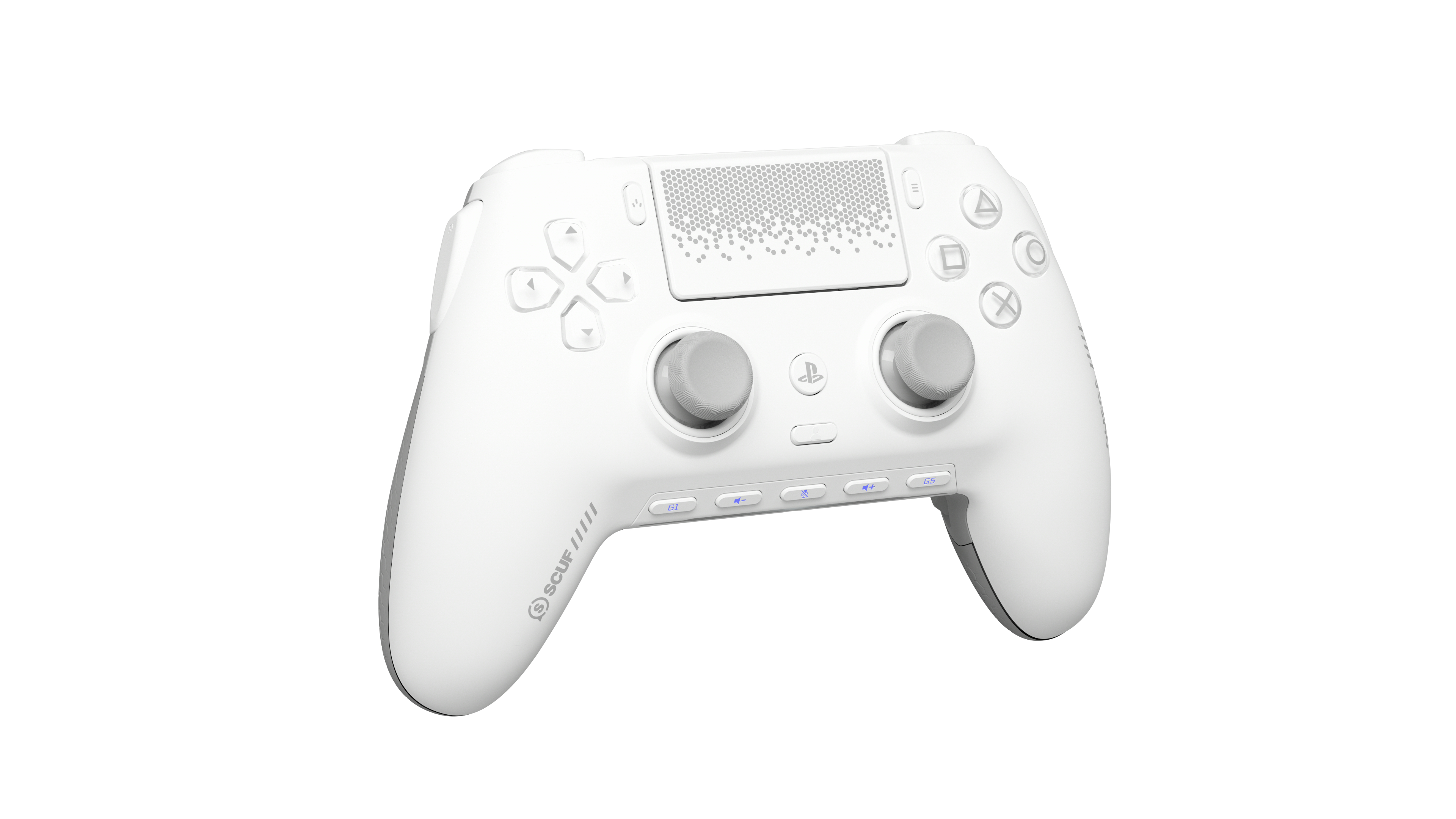Ein weißer Gaming-Controller mit grauen Sticks und Tasten auf weißem Hintergrund.