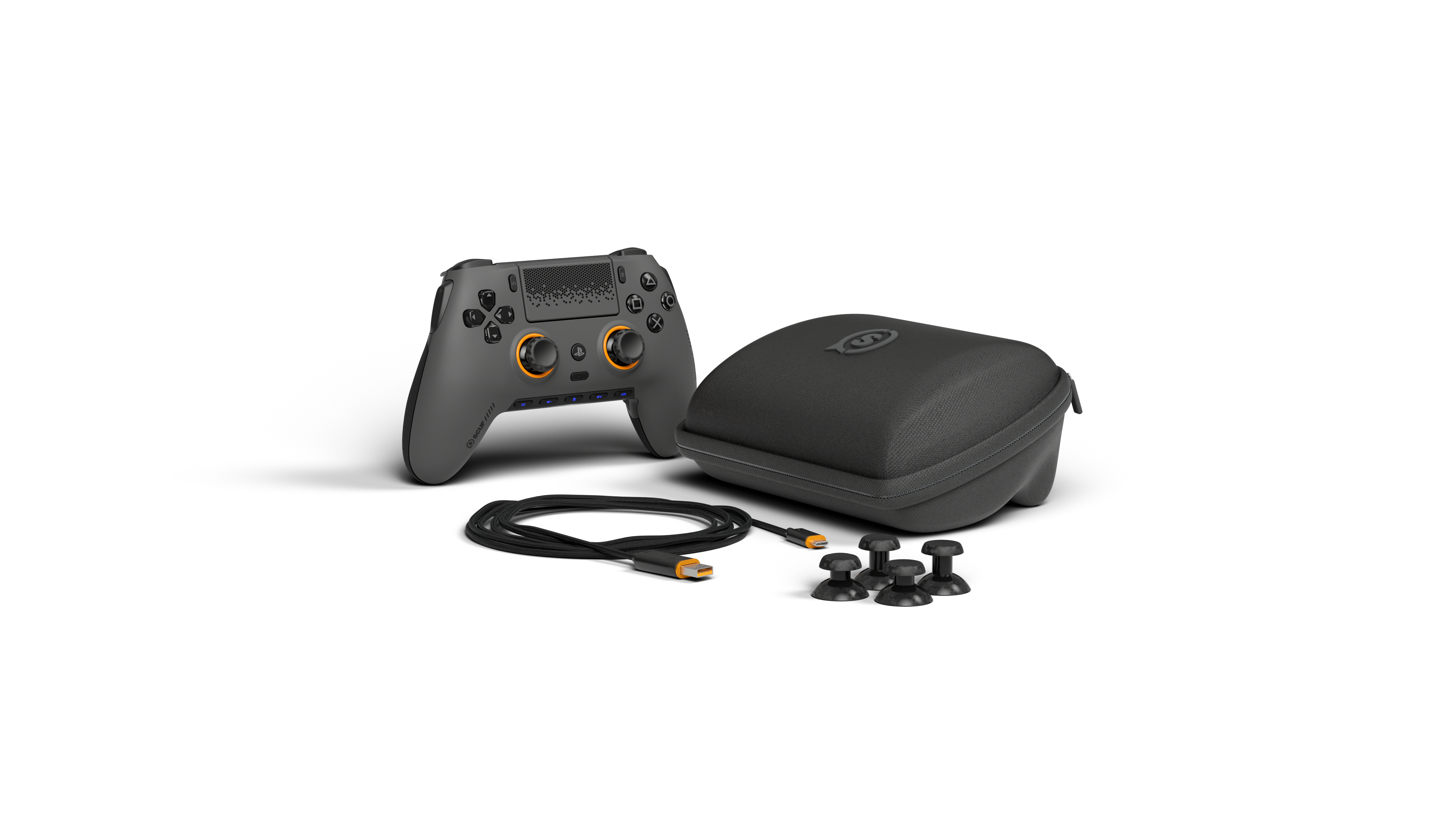 Grauer Controller mit Zubehör: Ladekabel, Aufsätze und Tasche.