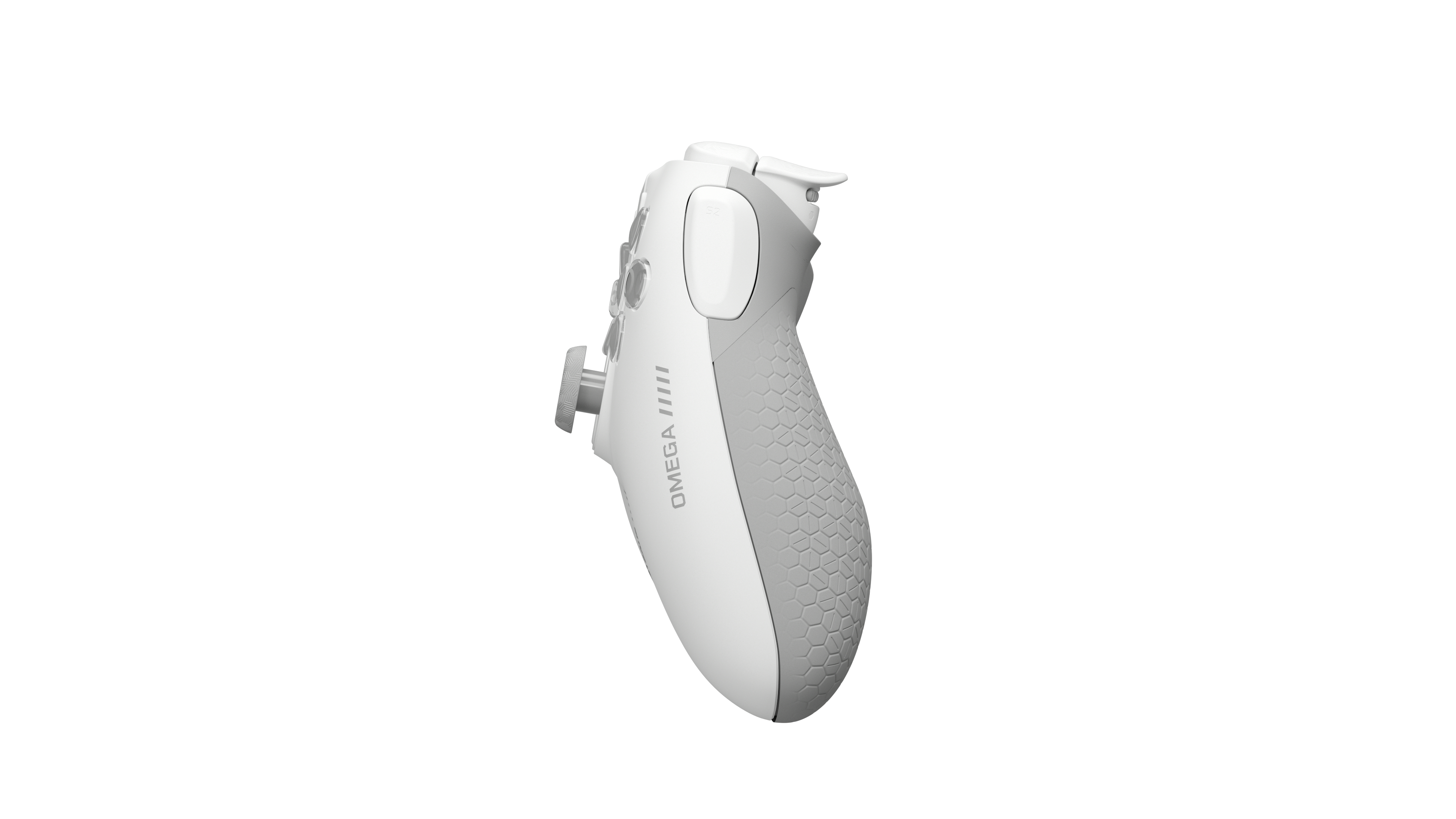 Ein weißer Gaming-Controller mit grauen Akzenten und Wabenmuster-Griff.