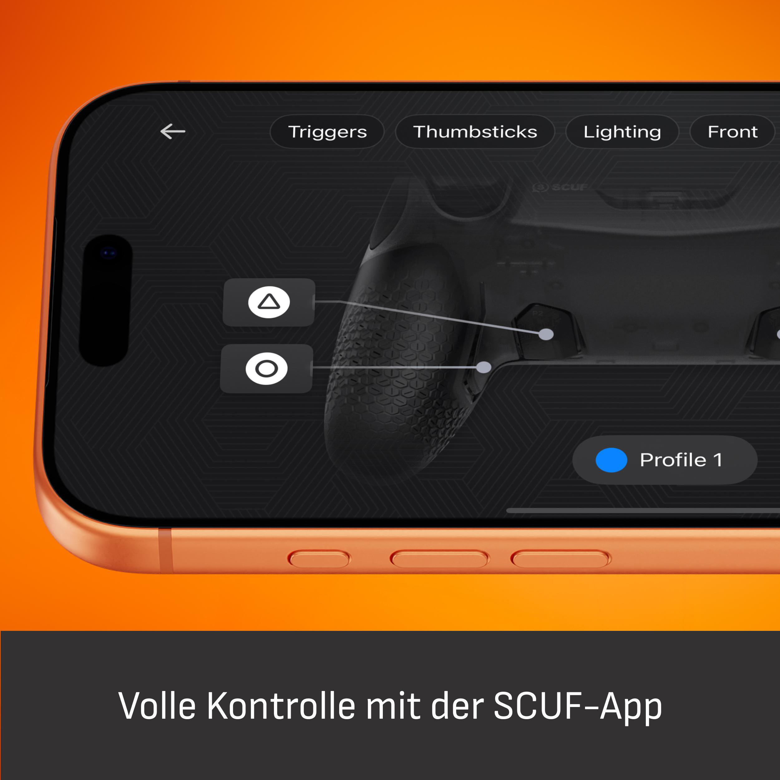 Eine App-Oberfläche auf einem Handy zeigt Einstellungen für einen Controller an.