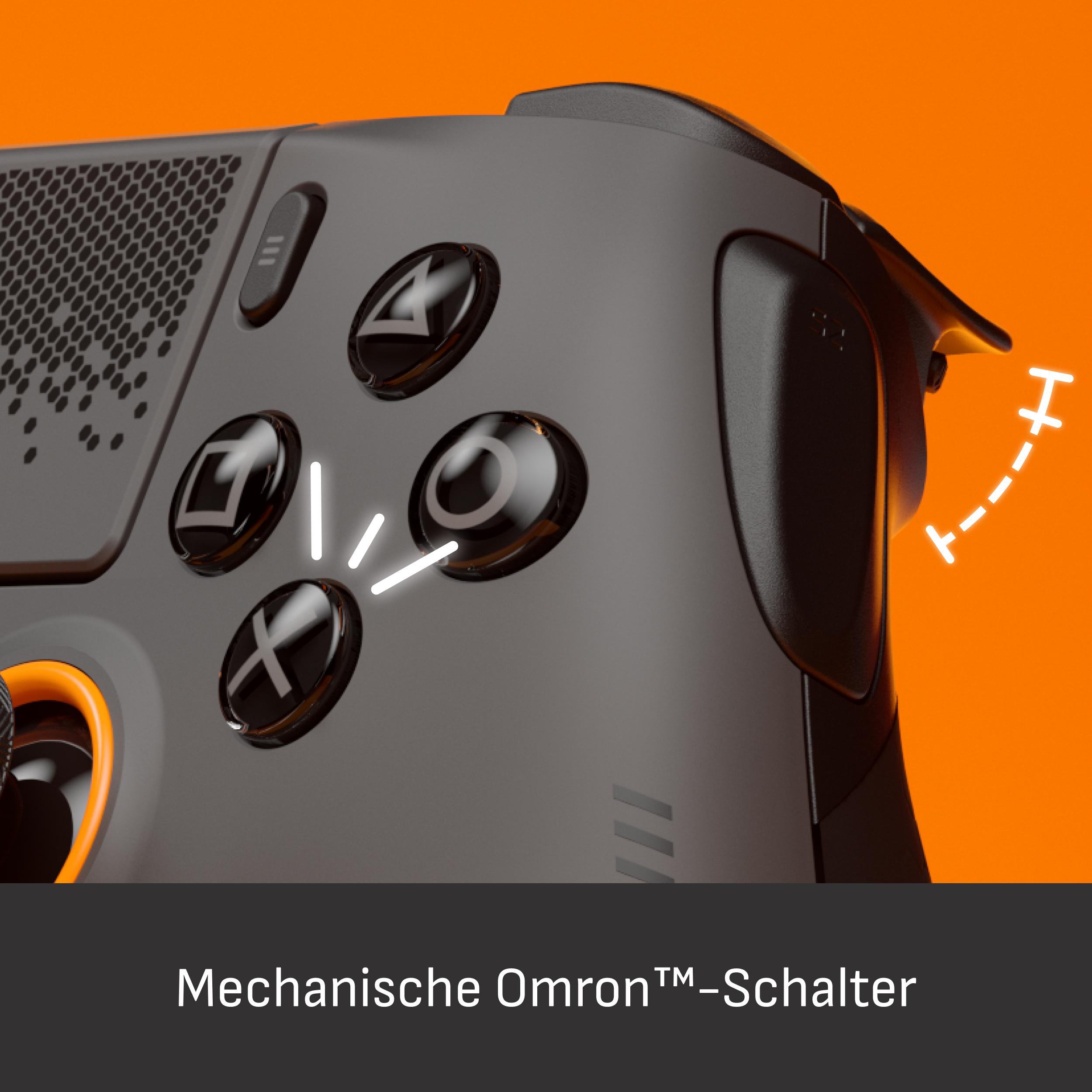 Grauer Controller mit Fokus auf die Tasten und einen Hebel. Orangefarbener Hintergrund.