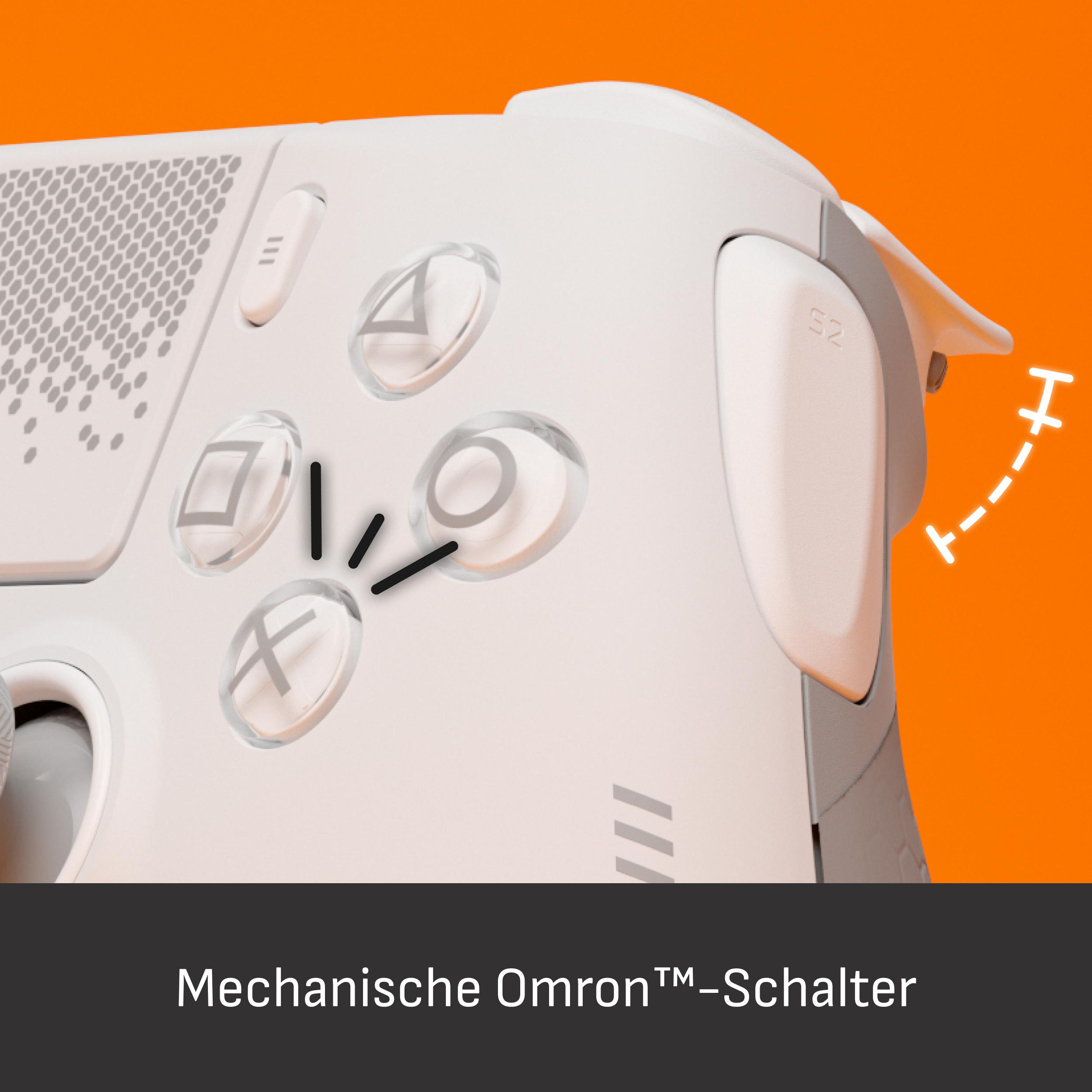 Ein weißer Controller mit Omron-Schaltern und einem orangen Hintergrund.