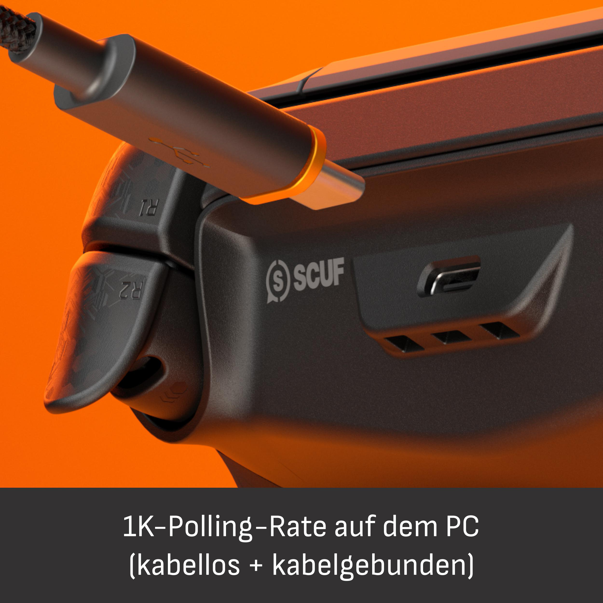 Ein schwarzer Controller mit Kabelanschluss auf orangefarbenem Hintergrund.