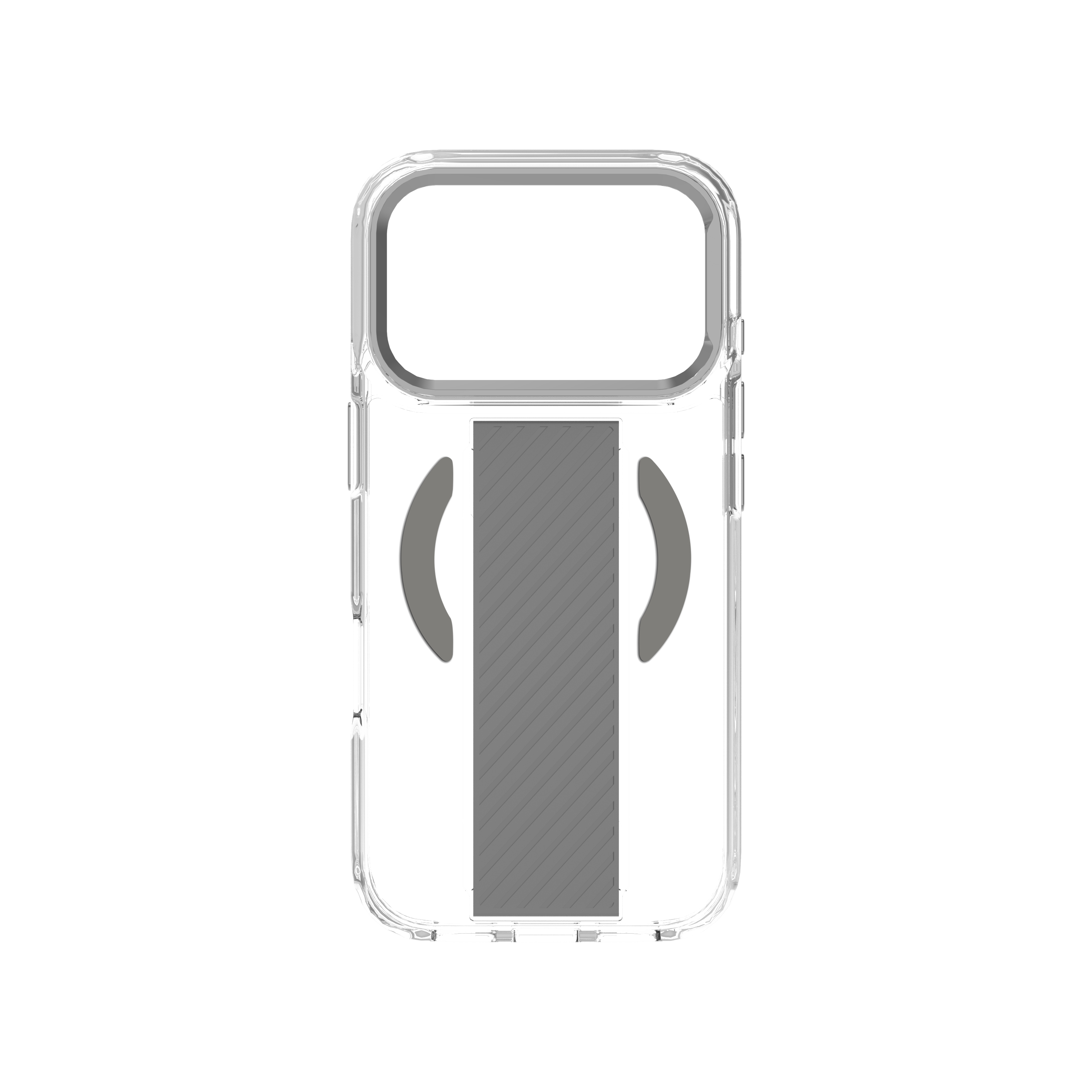 Şeffaf telefon kılıfı, gri arka ve tutucu.