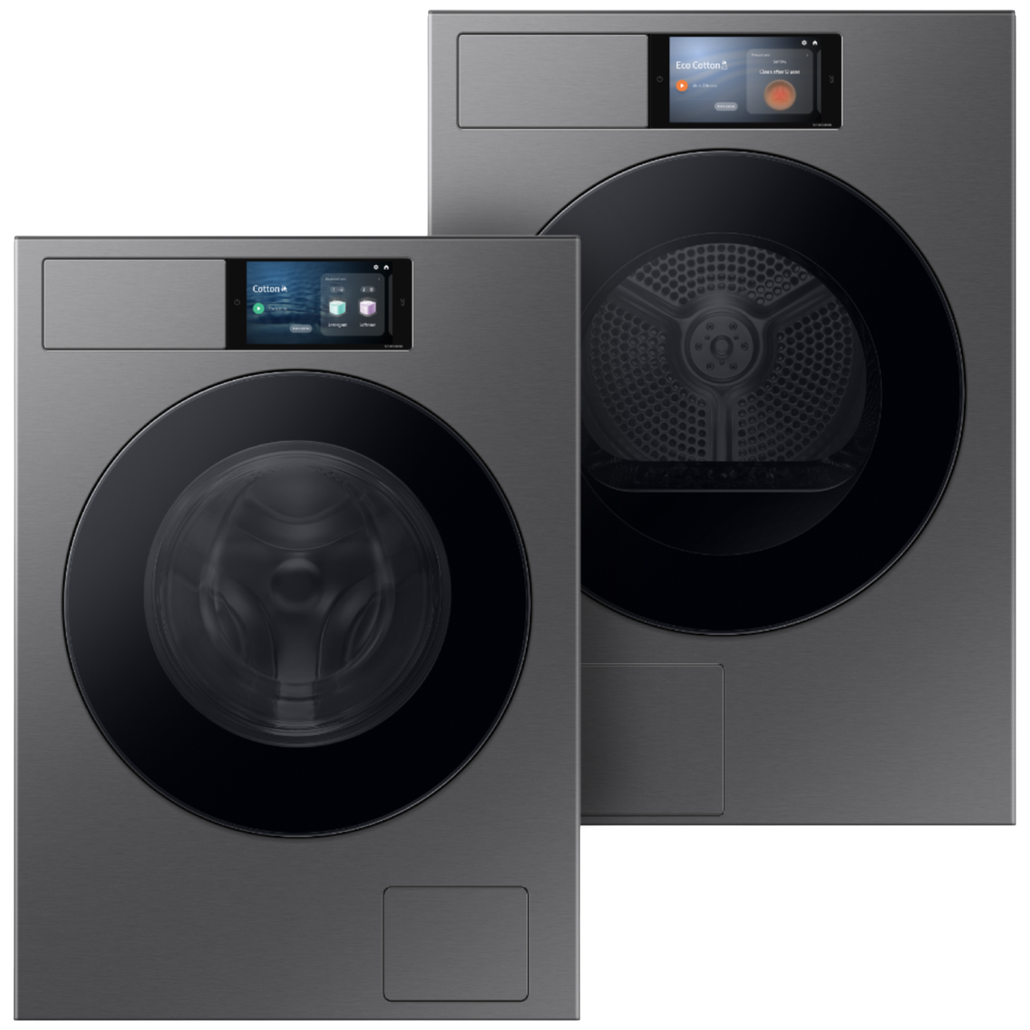 Twee moderne, donkergrijze wasmachines met digitale displays naast elkaar.