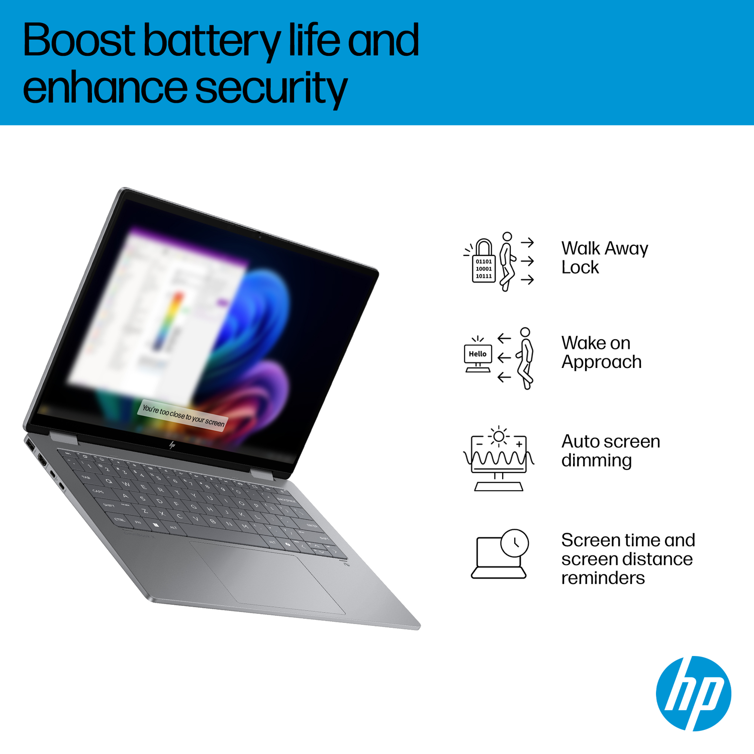 Een grijze HP laptop met beveiligingsfuncties zoals Wegloopvergrendeling.
