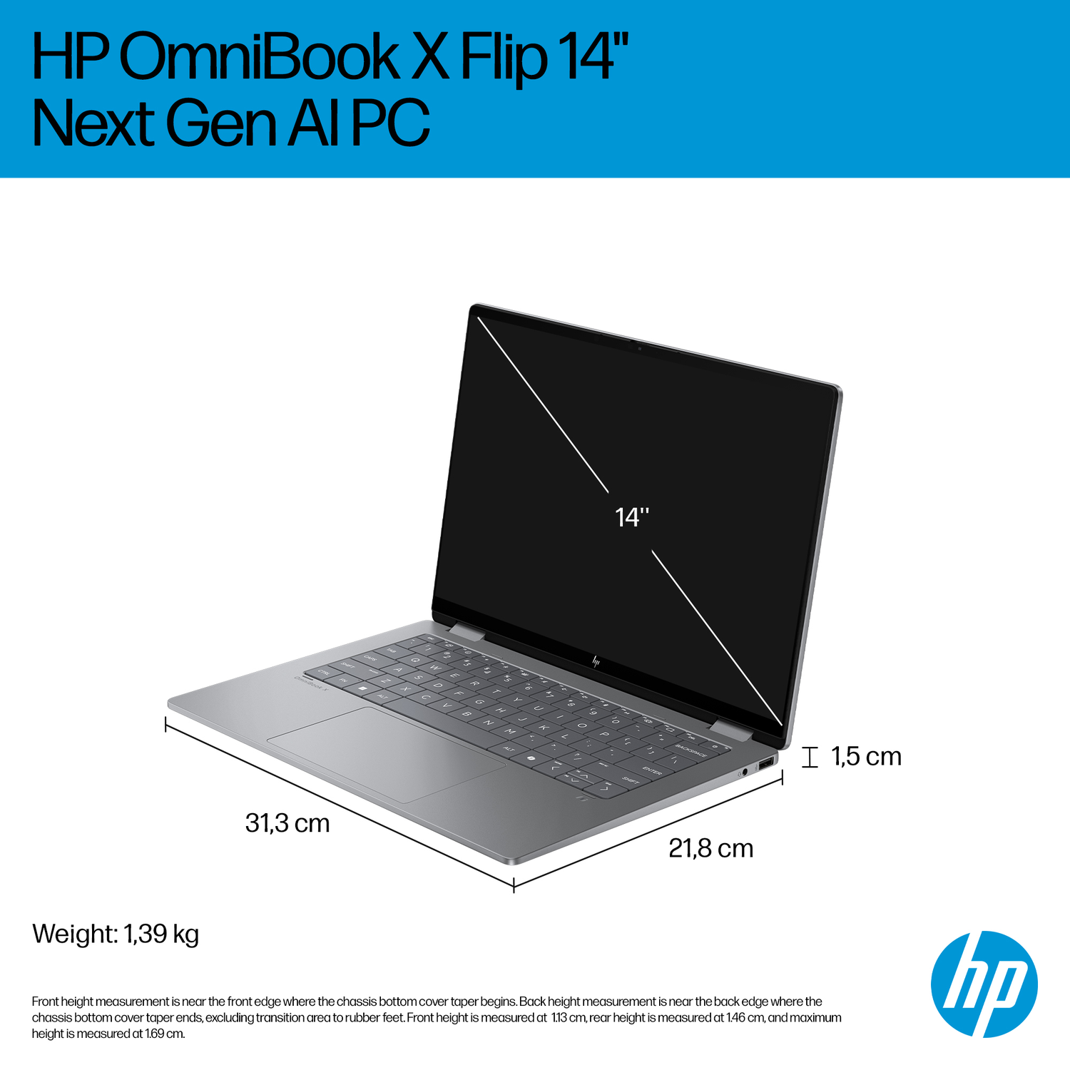 Grijze HP OmniBook X Flip laptop met 14-inch scherm, afmetingen en gewicht.