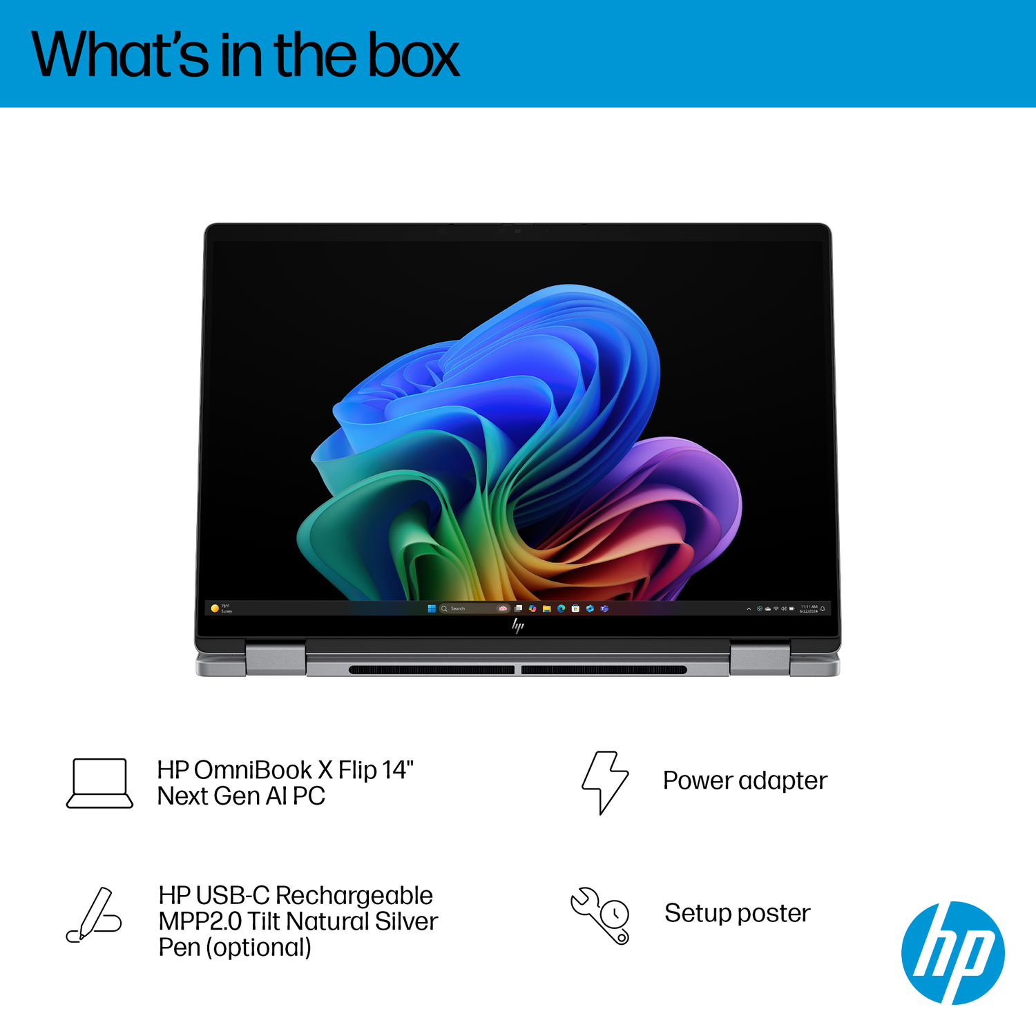 Inhoud van de doos: HP OmniBook X Flip 14" PC, pen, stroomadapter, poster.