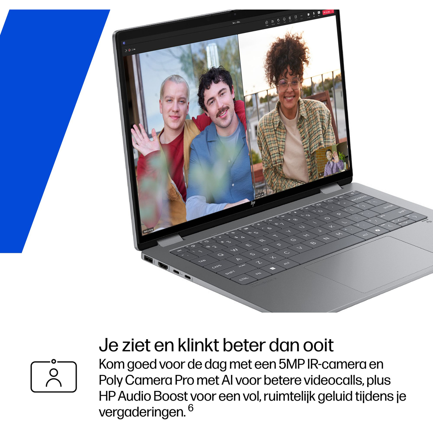 Een laptop toont een videogesprek met drie personen. Blauwe vorm links.