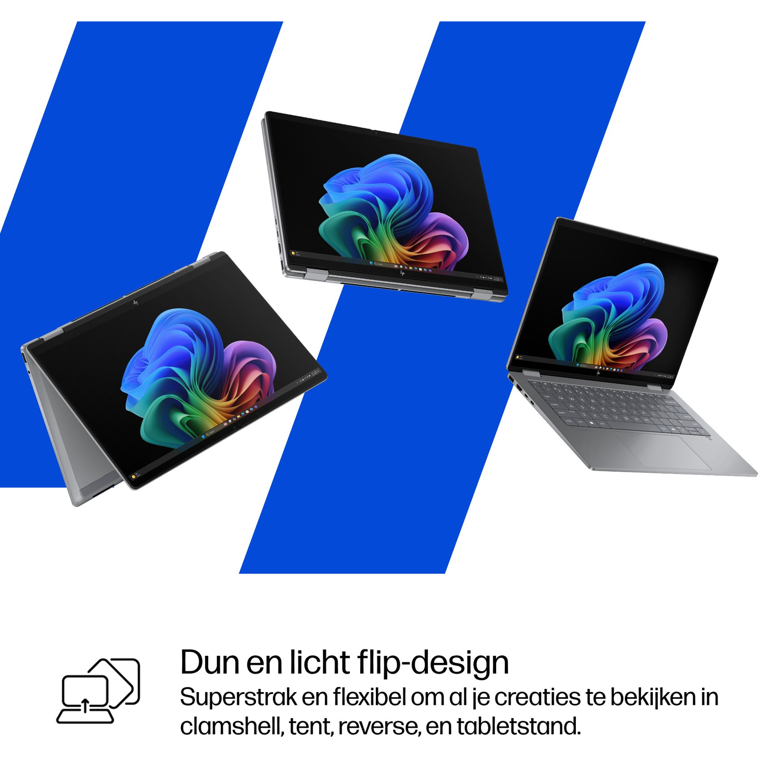 Drie flip-design laptops met kleurrijke schermen op blauw-witte achtergrond.
