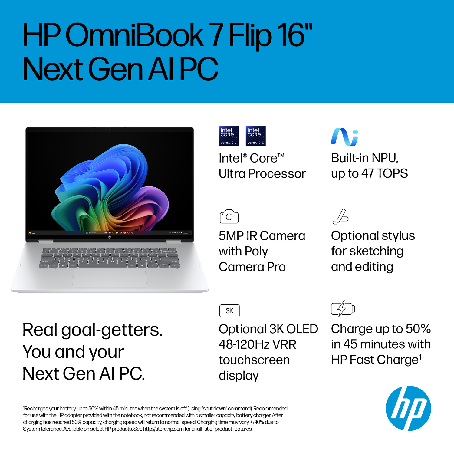 A silver HP OmniBook 7 Flip laptop displaying a colorful wallpaper. Specifications are listed.