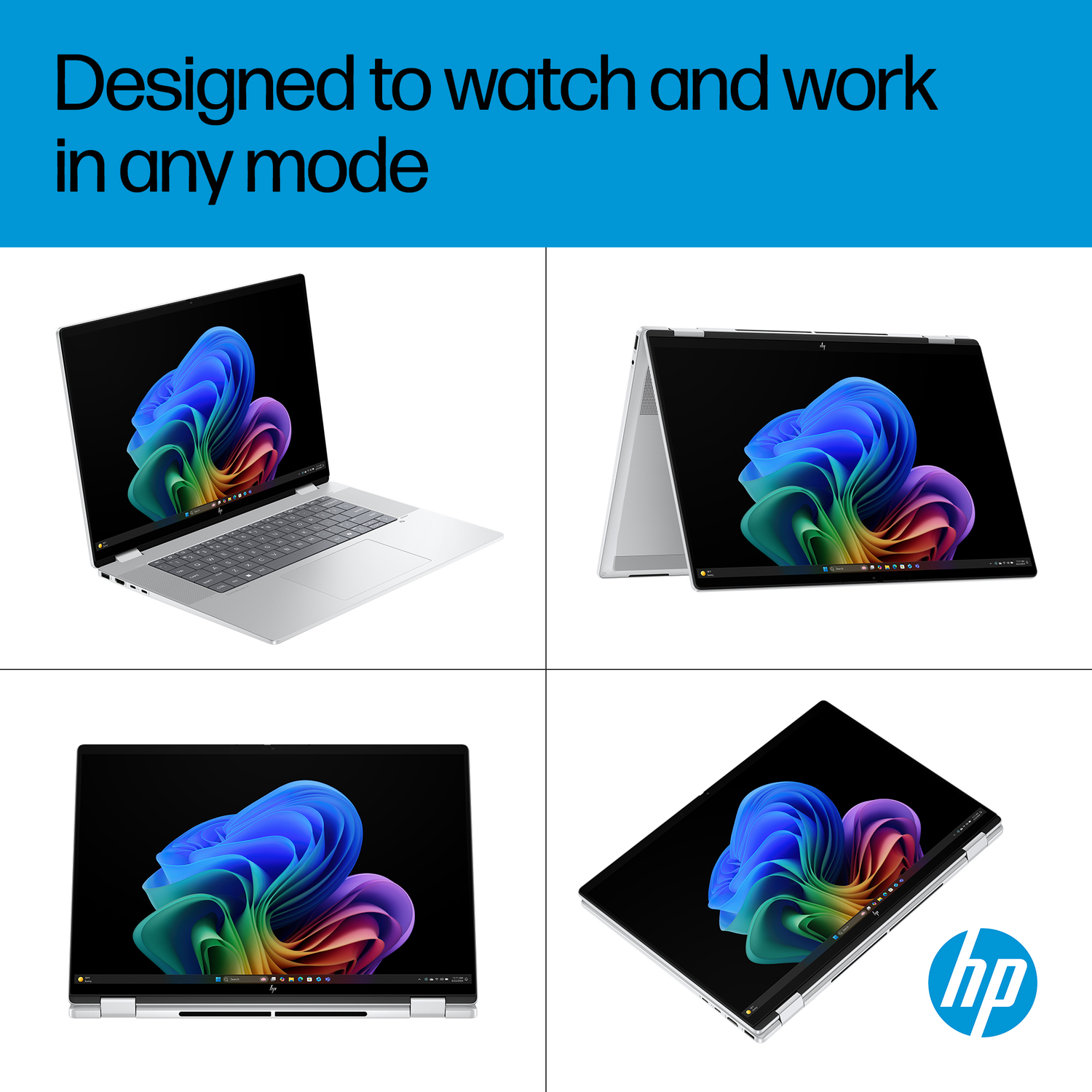 A silver HP laptop shown in different modes with a colorful wallpaper.
