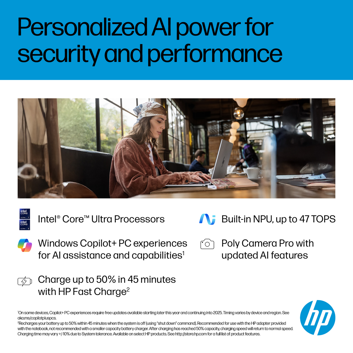 A woman works on a laptop in a cafe. HP logo and text about AI features.