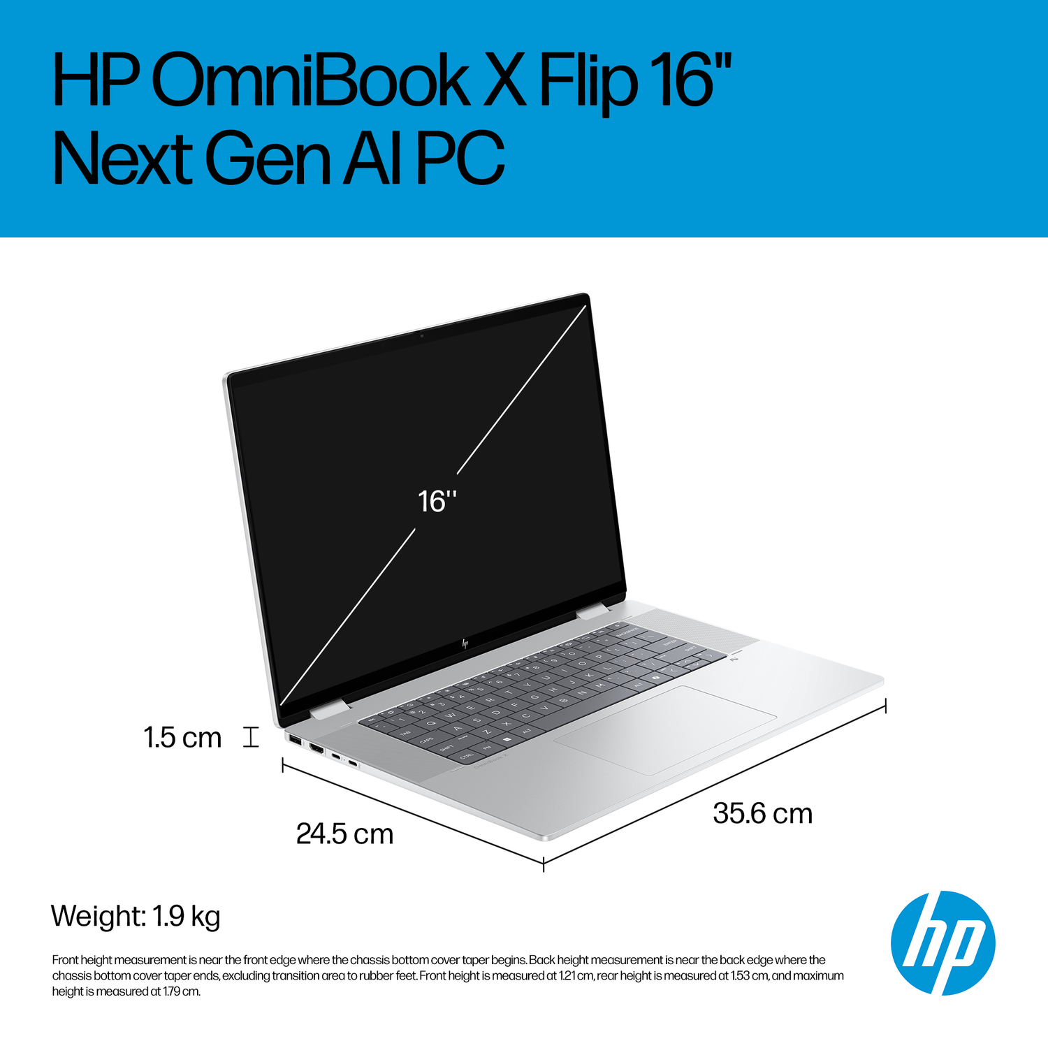 HP OmniBook X Flip 16" laptop, silver, open, showing keyboard and screen.