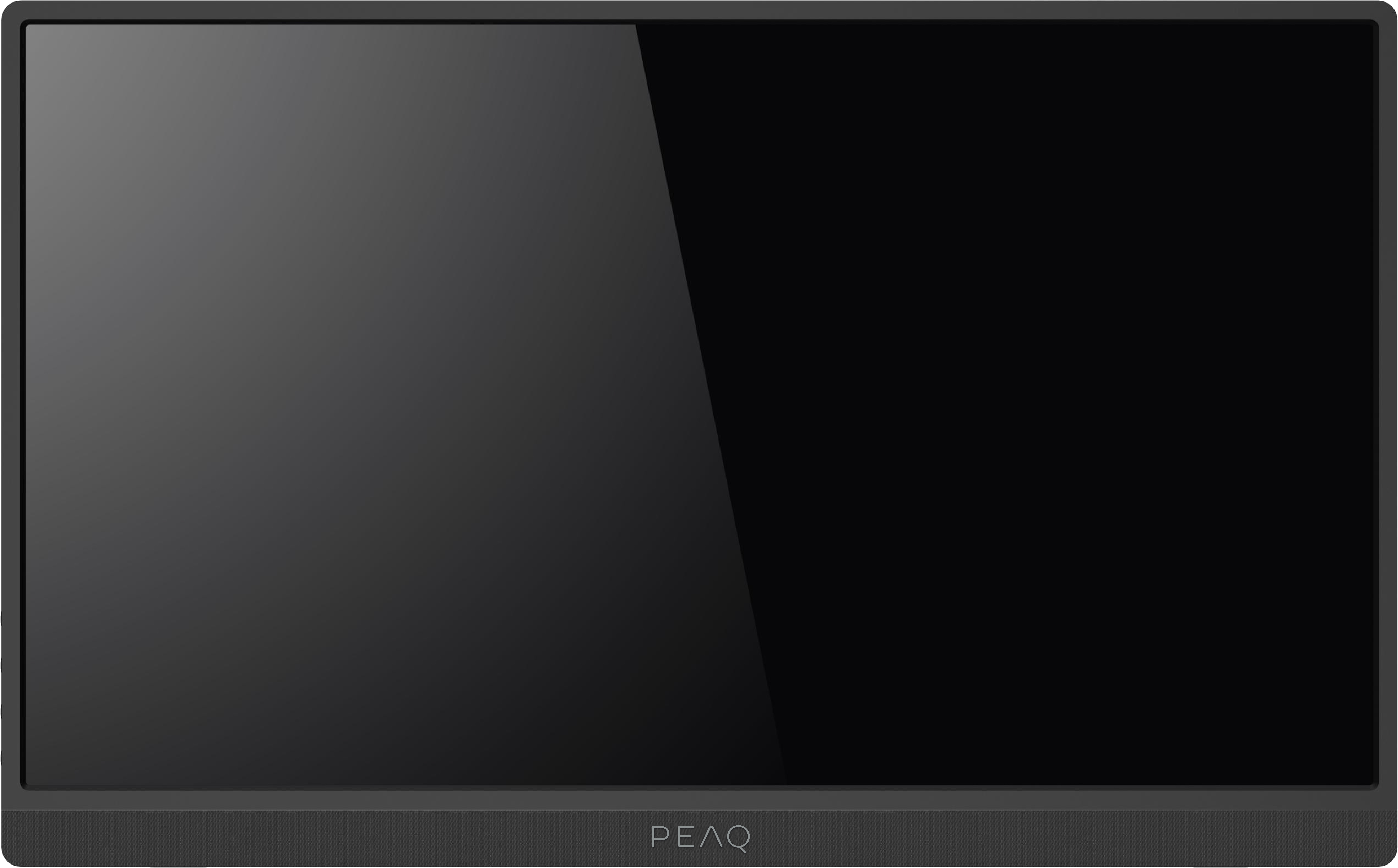 Ein dunkler, rechteckiger Monitor mit einem grauen Rahmen und dem PEAQ-Logo.