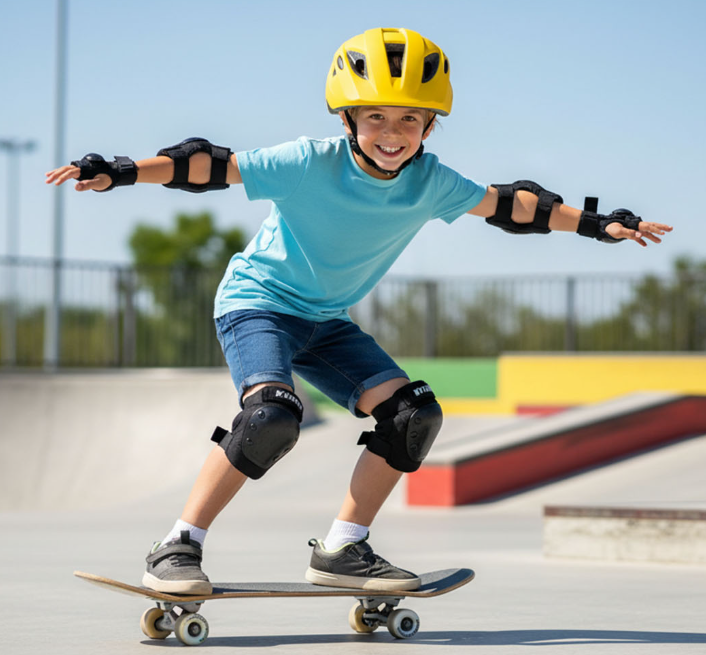 Chłopiec w żółtym kasku jeździ na deskorolce w skateparku.