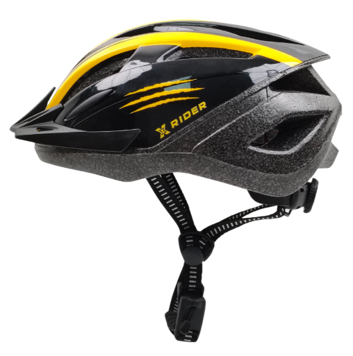 Czarny kask rowerowy z żółtymi paskami i logo "X RIDER".