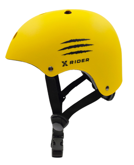 Żółty kask z czarnymi śladami pazurów i napisem X RIDER.