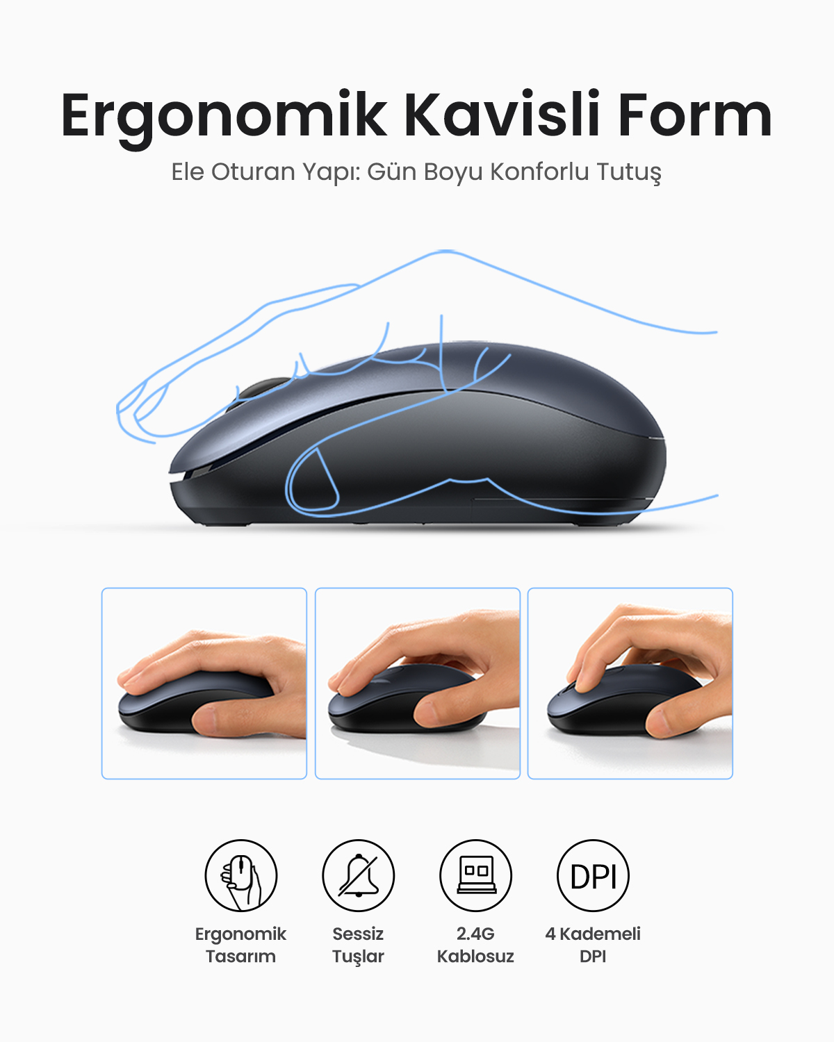 Rahat tutuşu gösteren el taslaklı ergonomik fare.