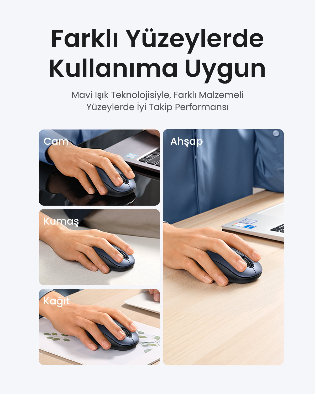 Bir el cam, kumaş, kağıt ve ahşap yüzeylerde mavi fare kullanıyor.