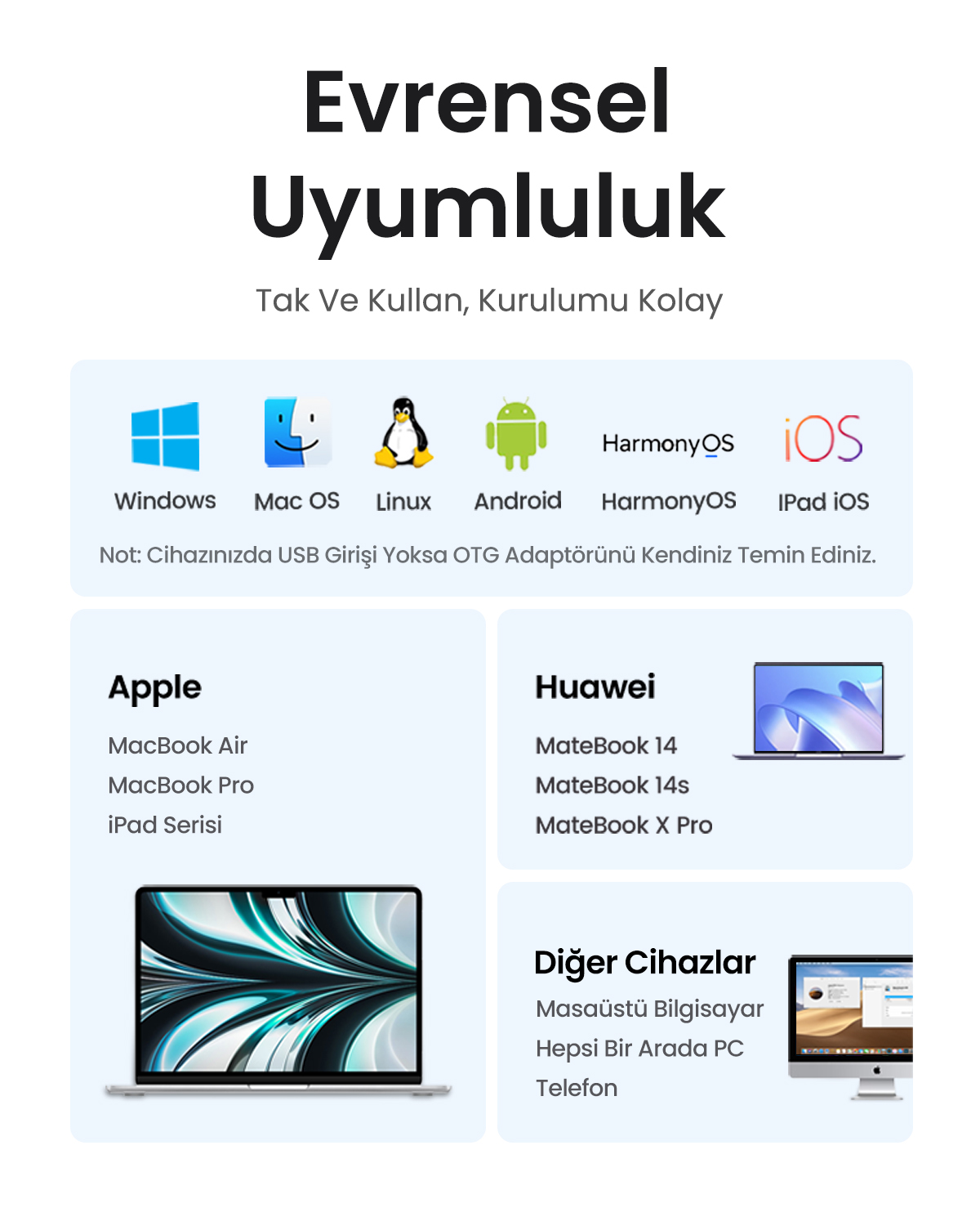 İşletim sistemlerini ve cihazları gösteren uyumluluk listesi.