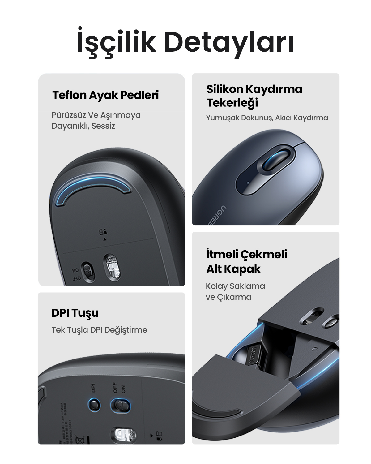 Fare detayları: Teflon ayaklar, kaydırma tekerleği, DPI tuşu, çıkarılabilir pil kapağı.