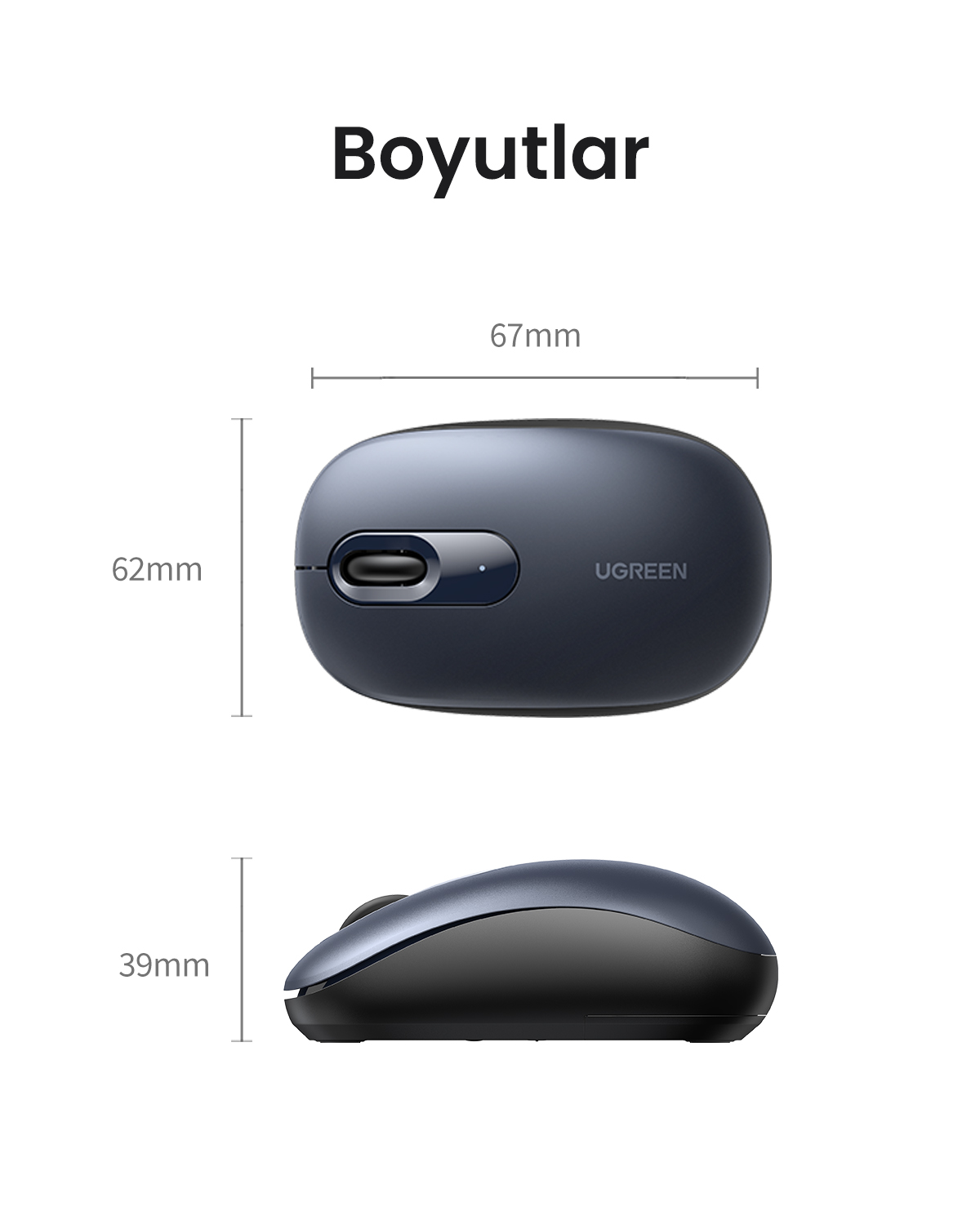 67x62x39mm boyutlarında koyu gri UGREEN farenin üst ve yan görünümleri.