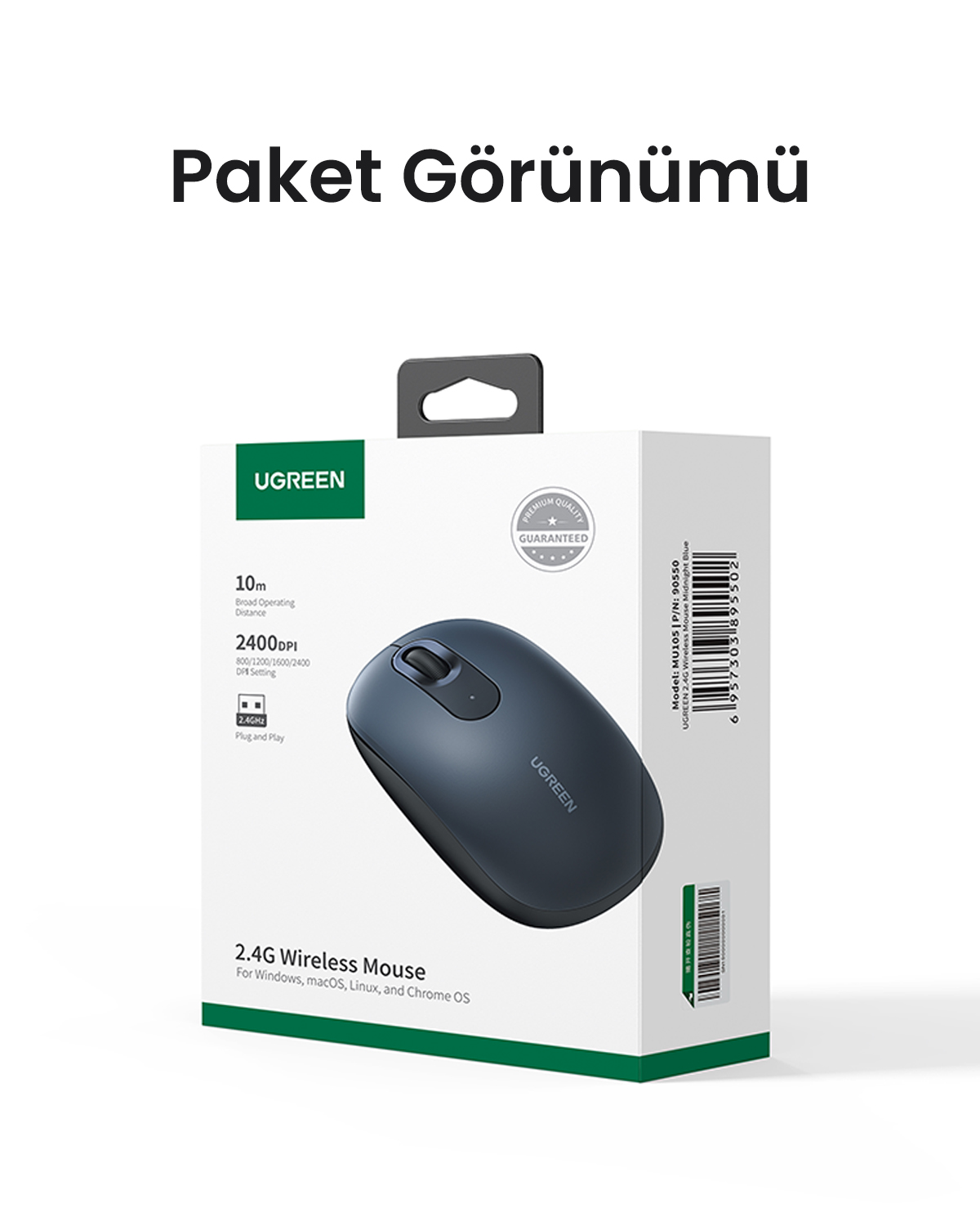 UGREEN 2.4G kablosuz fare kutusunda. Mavi fare, 10m menzil, 2400DPI.