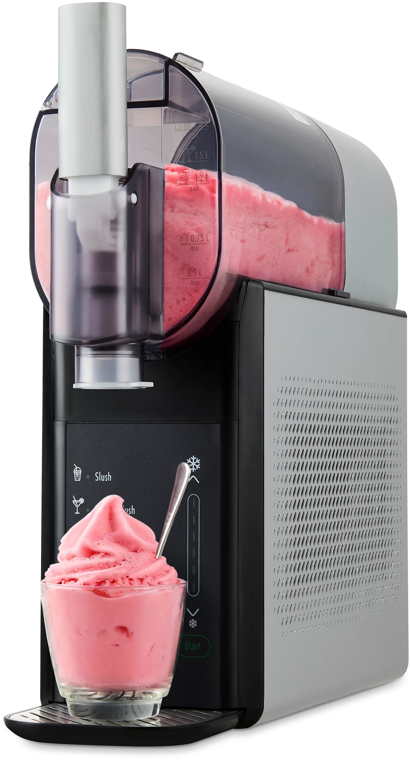 Une machine à granités rose avec un dessert glacé dans un verre et une cuillère.