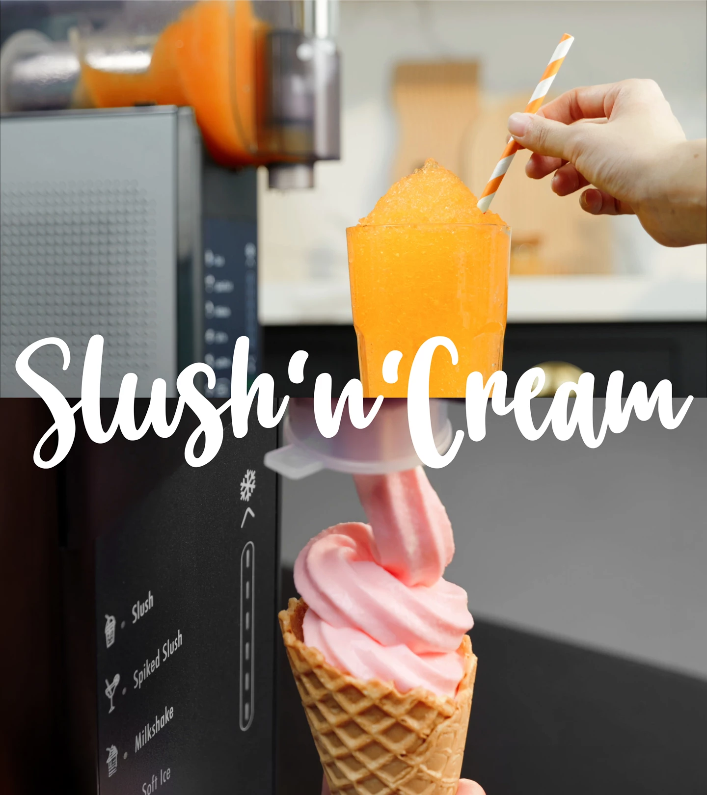 Granité orange et glace à la vanille rose servis par une machine.