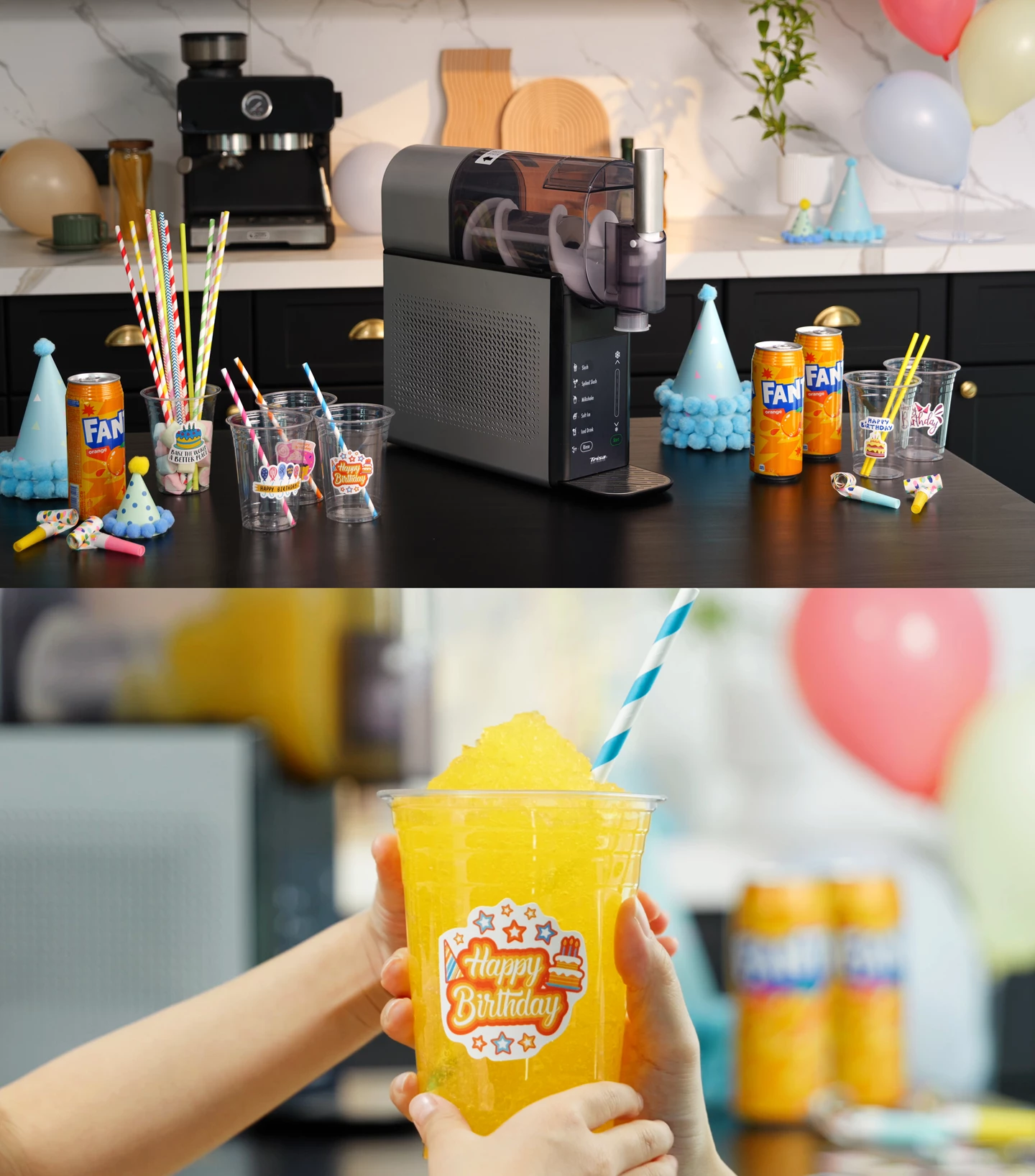 Machine à granités avec accessoires, boissons et chapeaux sur une table.