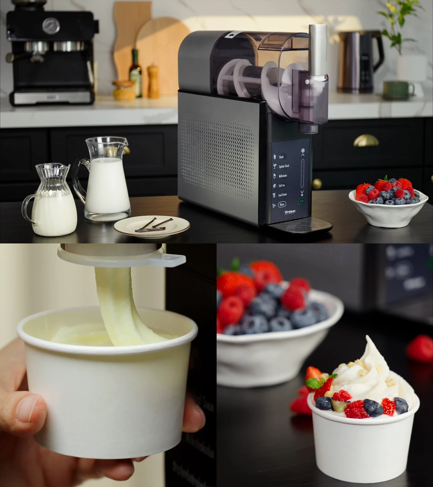 Machine à glace sert de la crème glacée molle dans une tasse, avec des baies et des pichets de lait.
