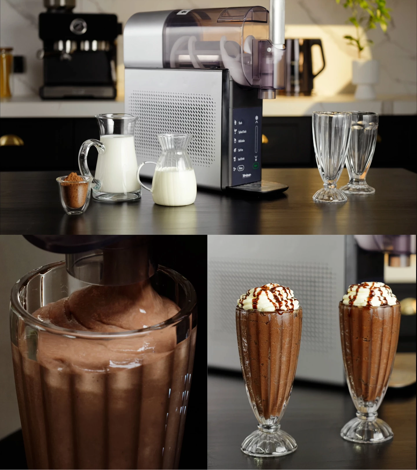 Une sorbetière prépare un milkshake au chocolat. Ingrédients et boissons finies sont visibles.