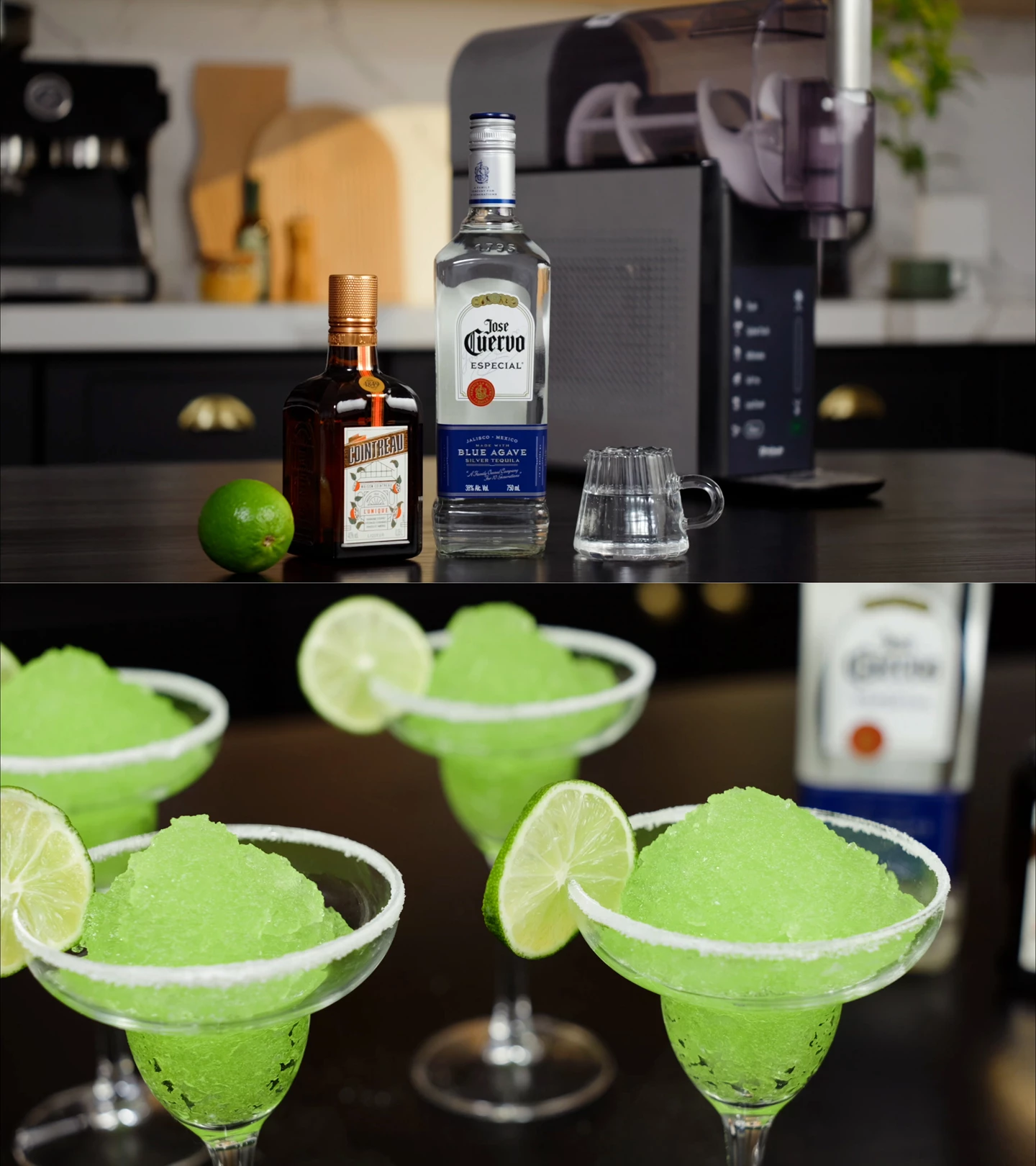 Ingrédients Margarita : Cointreau, tequila, citron vert, glace et boisson glacée.