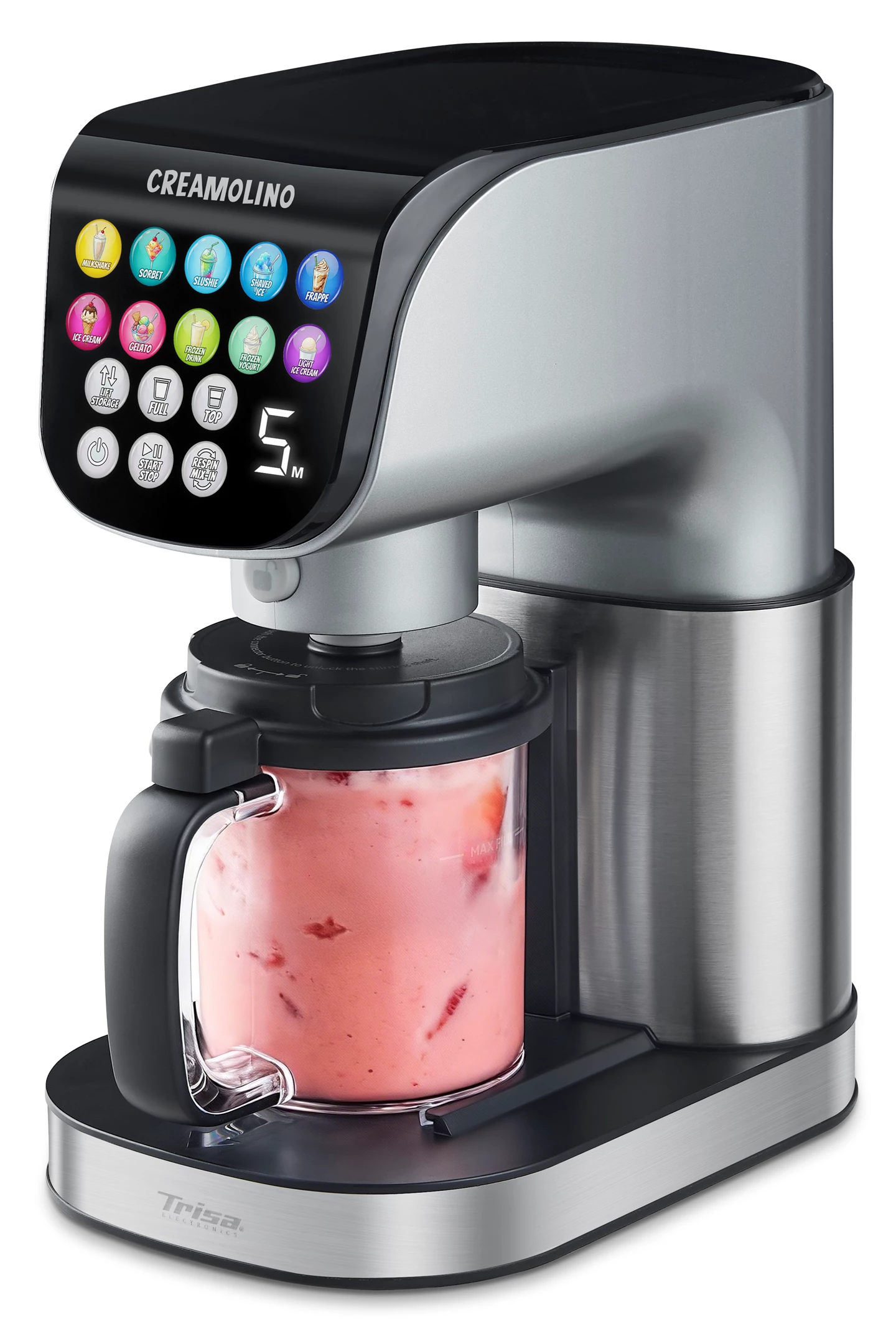 Una gelatiera Creamolino argento e nero con gelato rosa alla frutta.