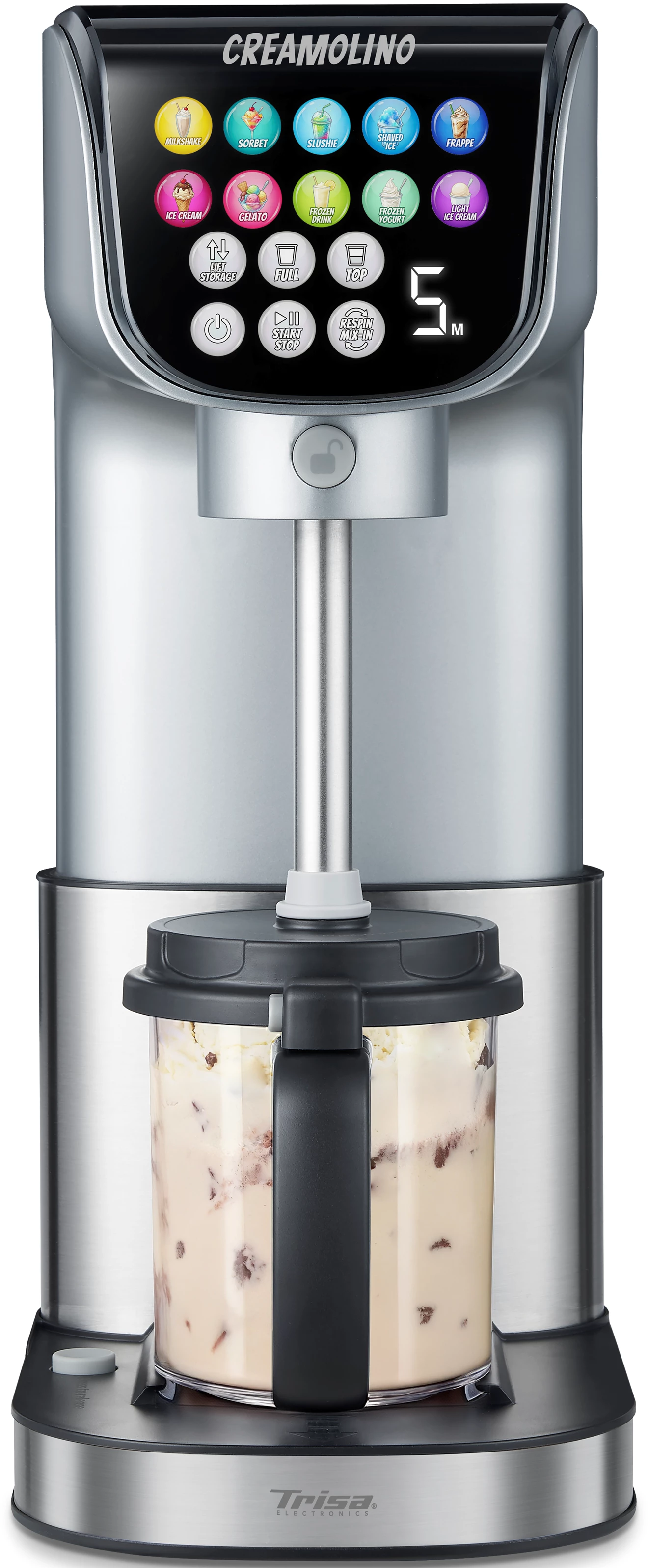 Macchina per gelato Creamolino argentata con schermo digitale e contenitore pieno di gelato.
