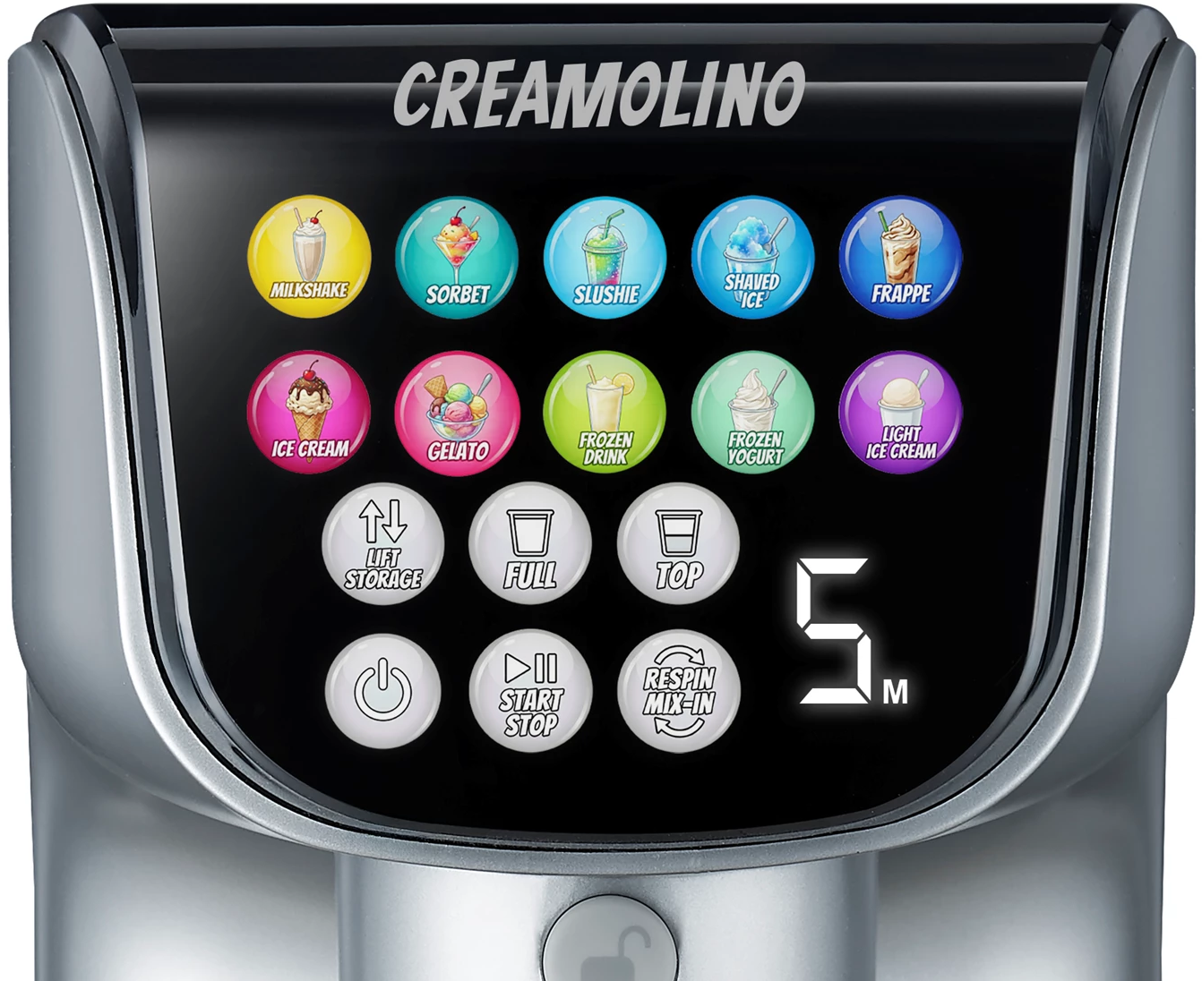 Pannello di controllo di una gelatiera con opzioni dessert e display timer.