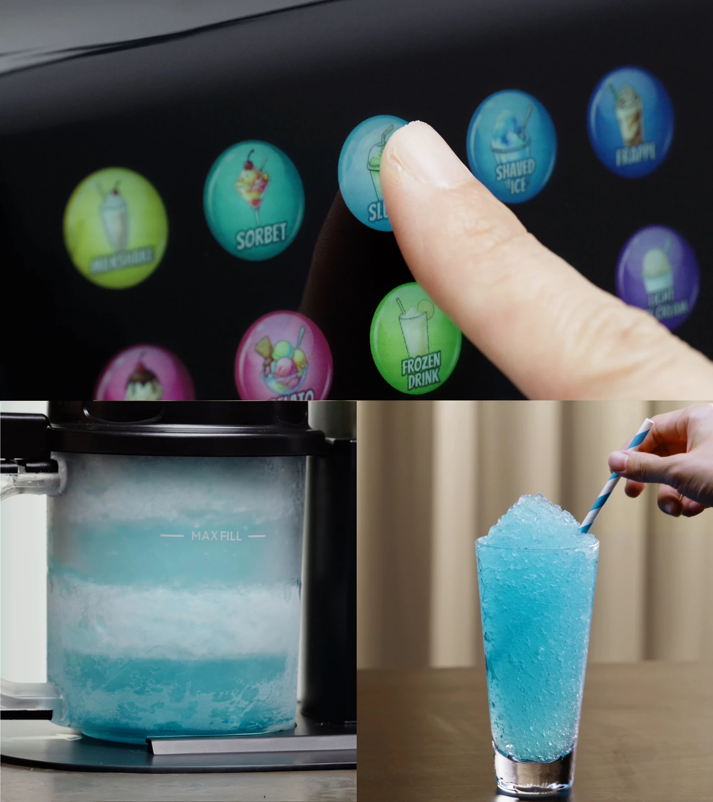 Un dito preme un touchscreen con opzioni di bevande. Accanto, una macchina con slush blu e un bicchiere di slush blu.