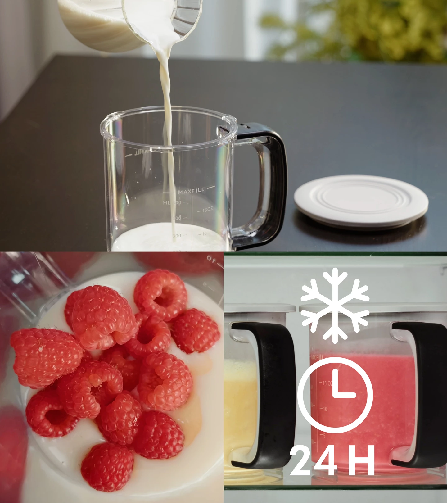 Latte versato in caraffa, lamponi nel frullatore, due contenitori nel frigo.