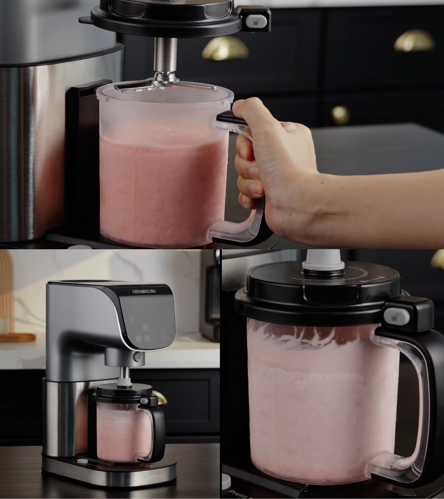 Un composto cremoso rosa è in una caraffa trasparente attaccata a un elettrodomestico argentato.
