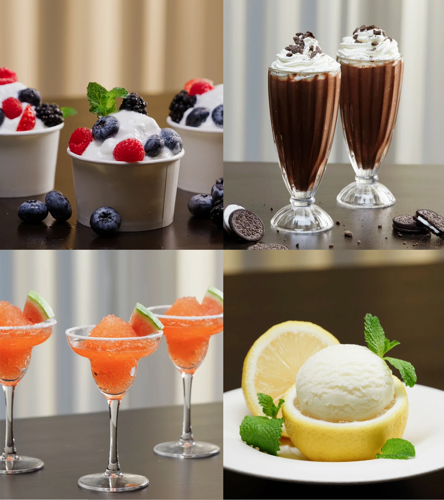 Quattro dolci: yogurt ai frutti di bosco, milkshake al cioccolato, granita all'anguria, gelato al limone.