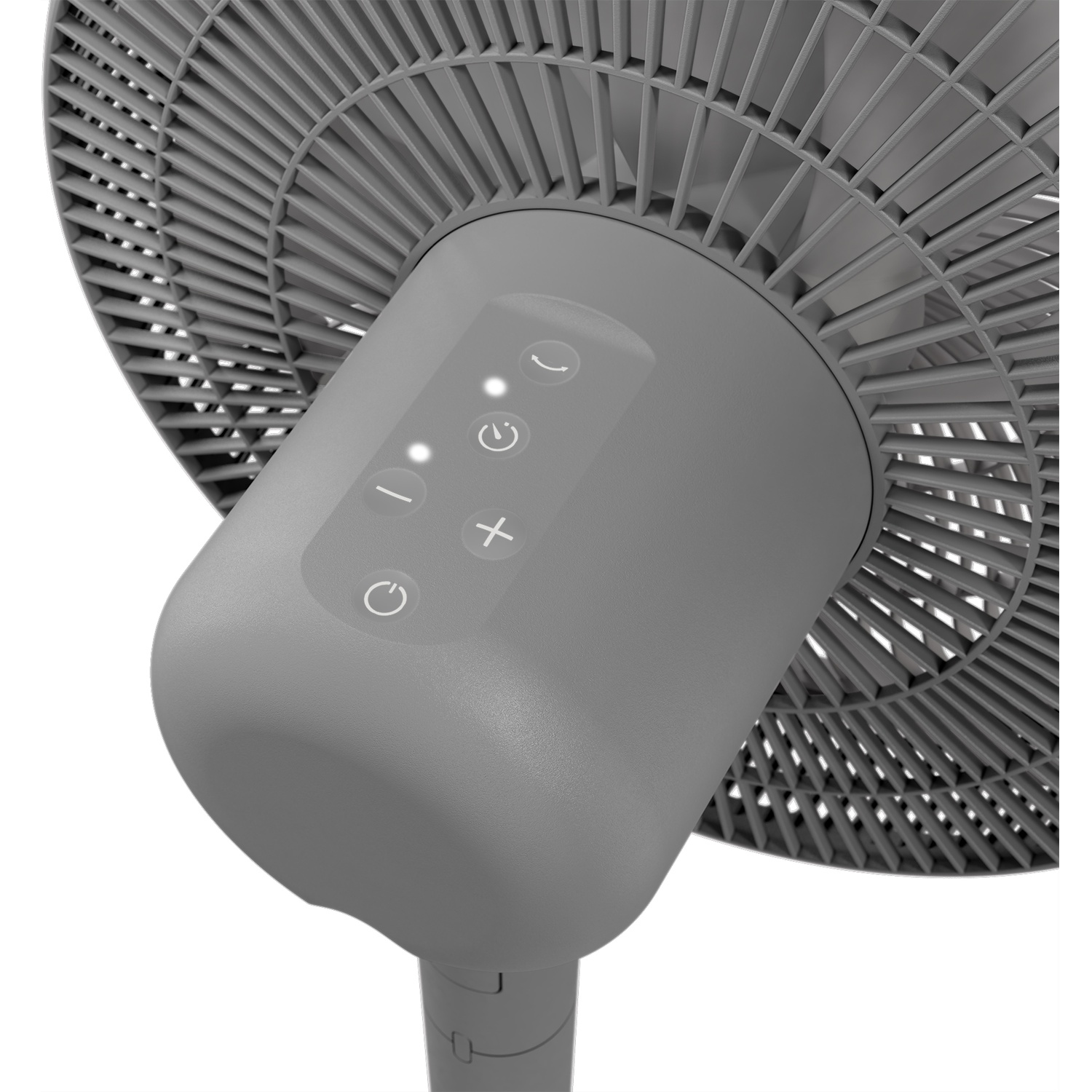Ventilateur gris avec boutons de commande : marche/arrêt, vitesse, minuterie.