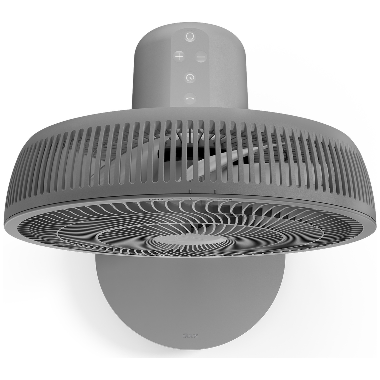 Ventilateur rond gris avec boutons de commande, monté sur un mur.