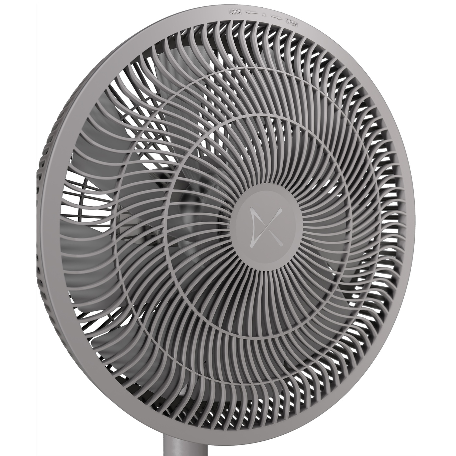 Ventilateur gris à grille ouverte et lames visibles. Le centre a un emblème en X. Indicateurs.