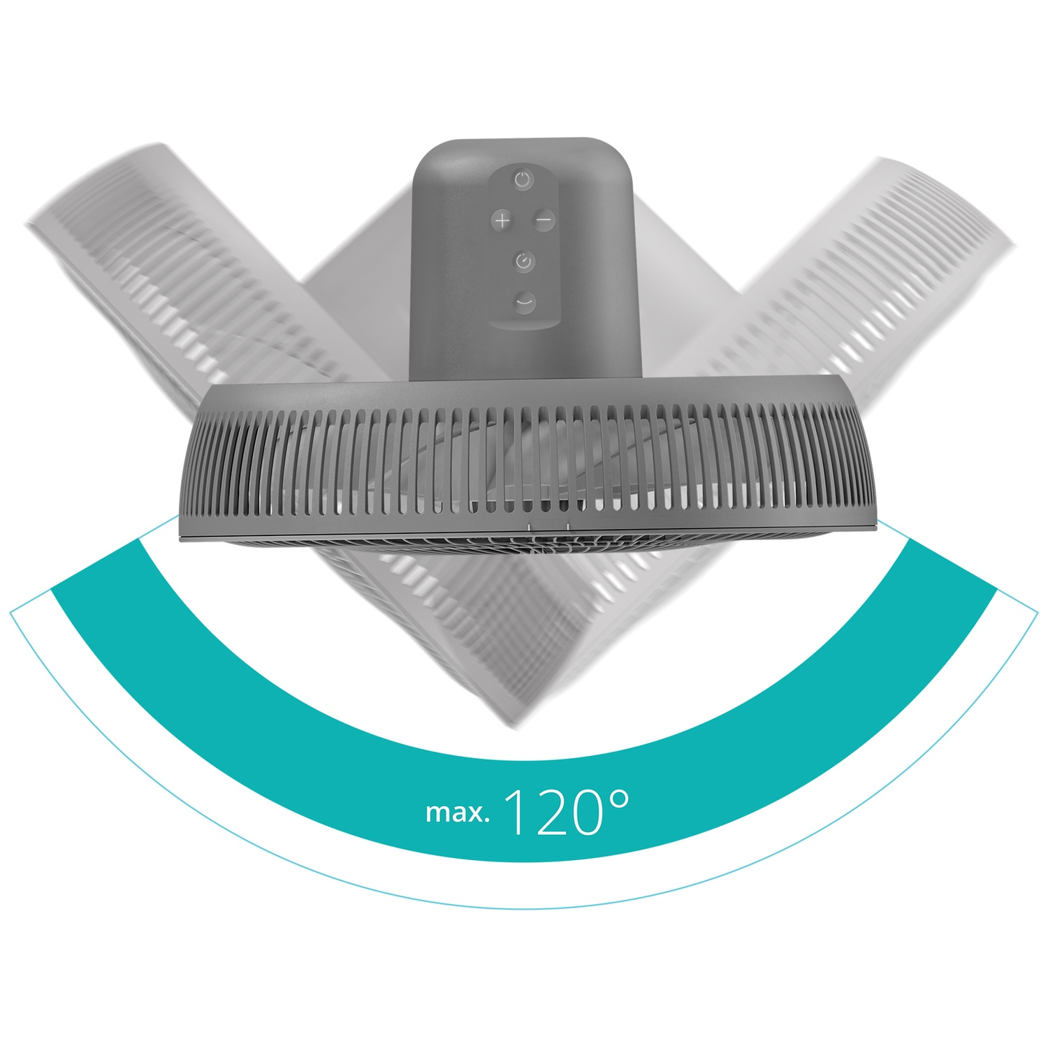 Ventilateur gris oscille jusqu'à 120 degrés.