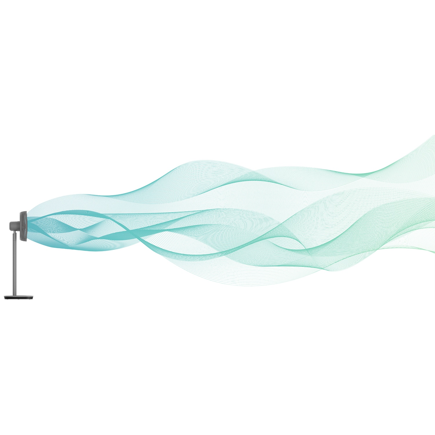 Un ventilateur gris souffle des lignes ondulées vertes et bleues dans l'air.