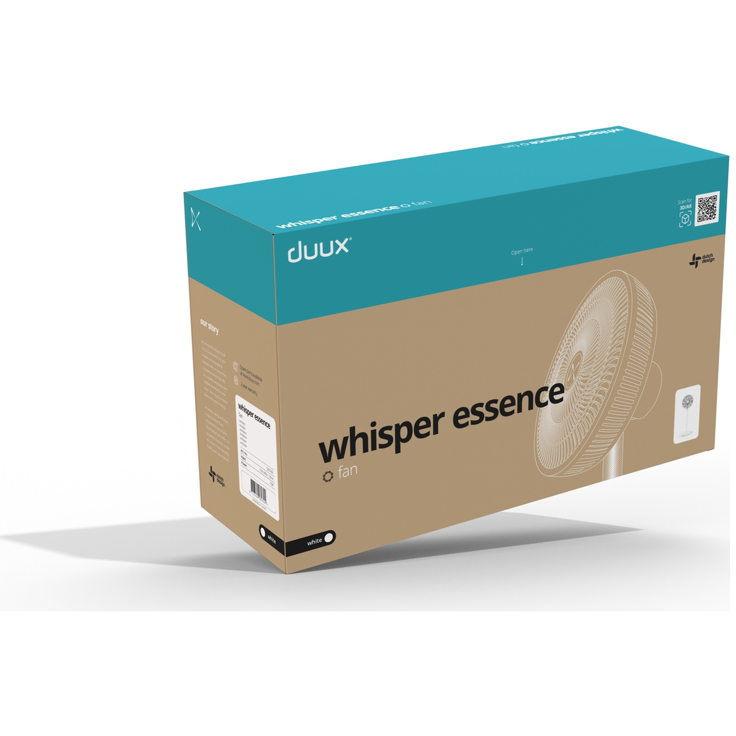 Boîte ventilateur Duux Whisper Essence. Comprend une image, la marque et un QR code.